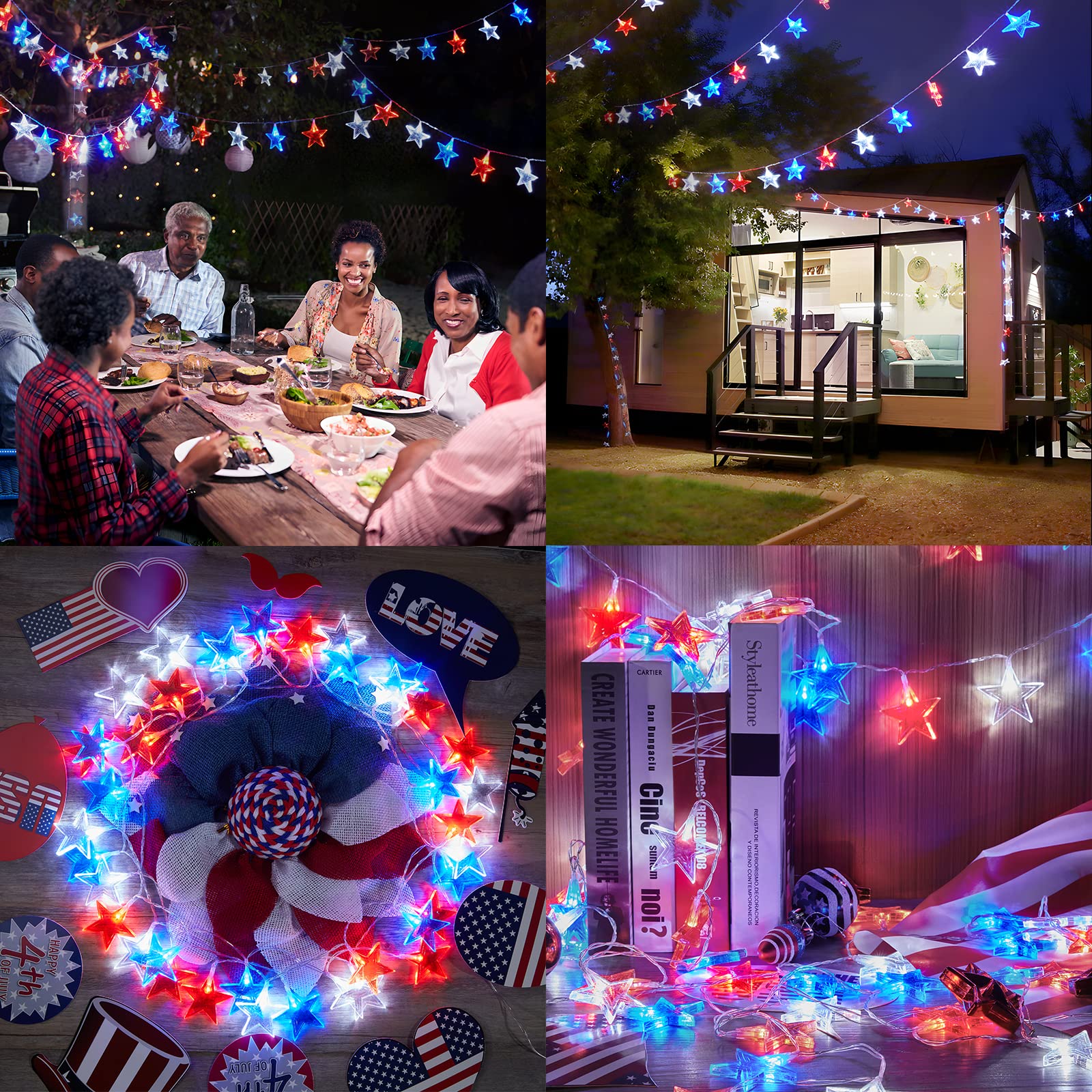 4 luglio, luci di Natale, 40 LED, timer a distanza, per commemorazione del giorno dell'indipendenza, 4 luglio, decorazione per la casa (rosso bianco blu stella-2