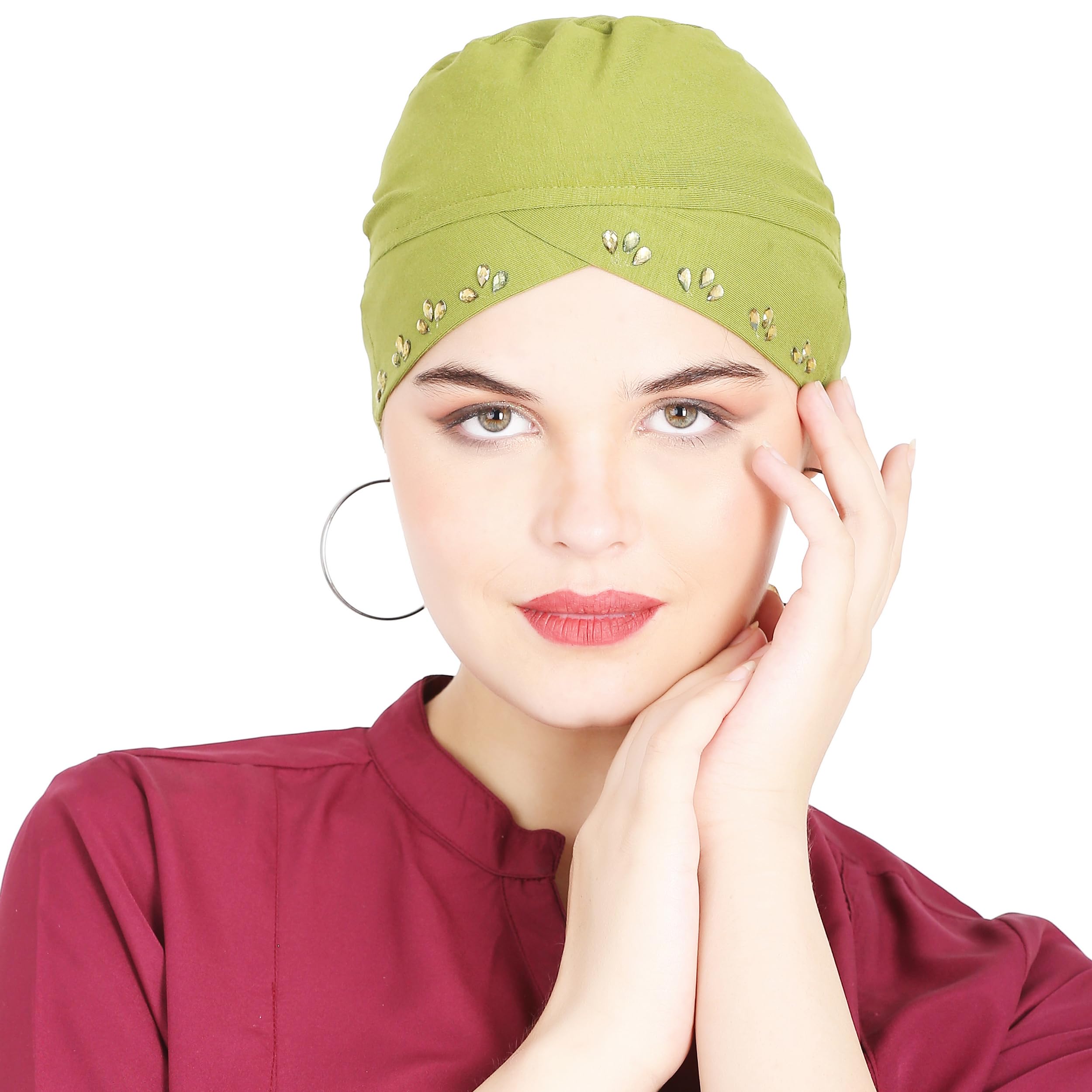 Hosiery cotton Mehndi Green 1 layer Stone Turban Design Muslim Women Under Hijab Cap-picture-36