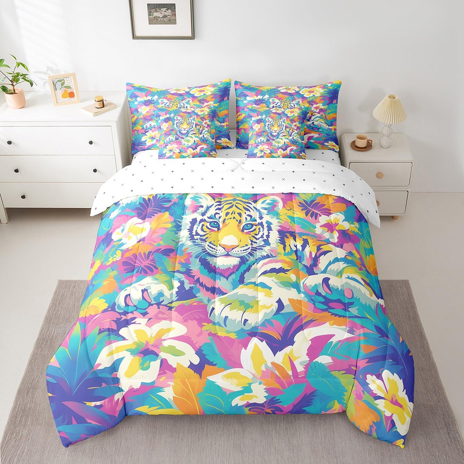 7 Pieces Cartoon Tiger Comforter Twin Size,Daisy Palm Leaves Plant Botanical Bedding Set,Wild Animal Rustic Farmhouse Watercolor（Comforter+Fitted+Flat Sheet+2 Pillowcases+2 Throw Pillow Covers）