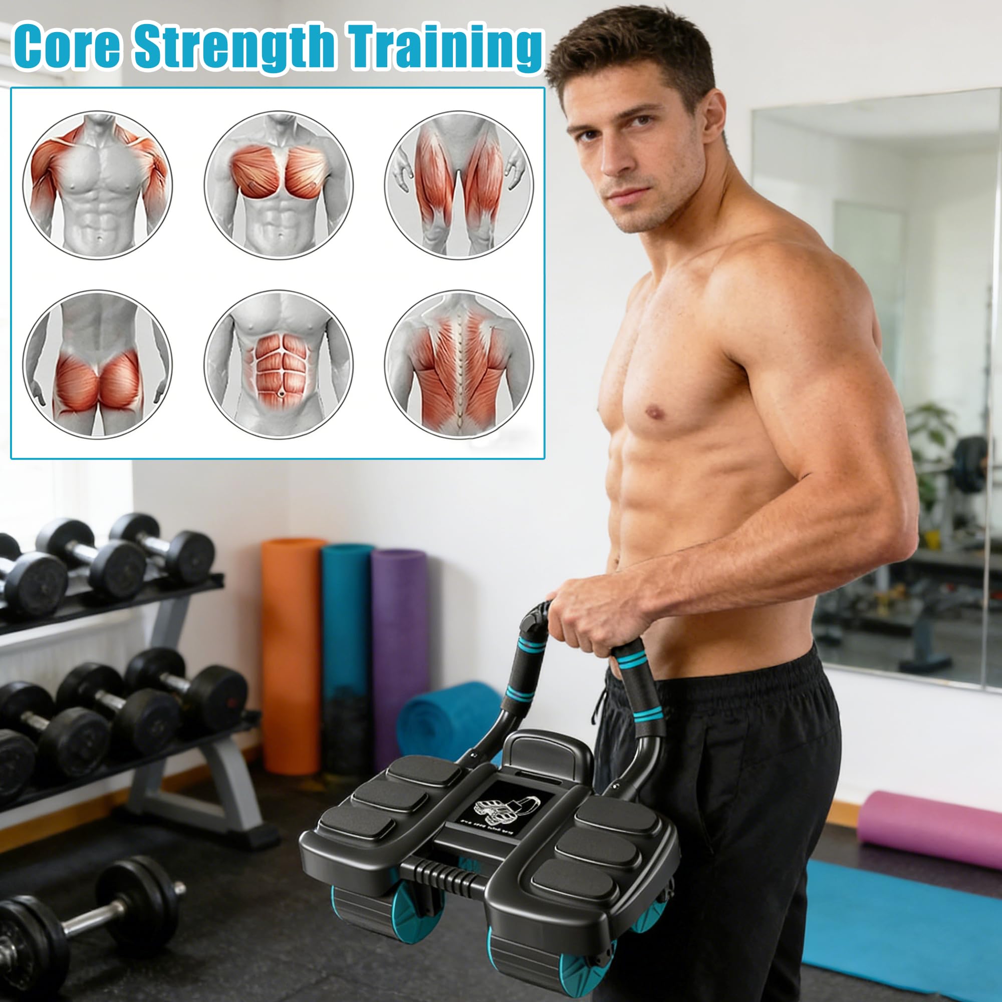 Rueda de ejercicio para abdominales, incluye una rodillera, con 6 coderas y 4 ruedas, puede rebote automático, equipo de ejercicio abdominal para abdominales centrales, para gimnasio en casa