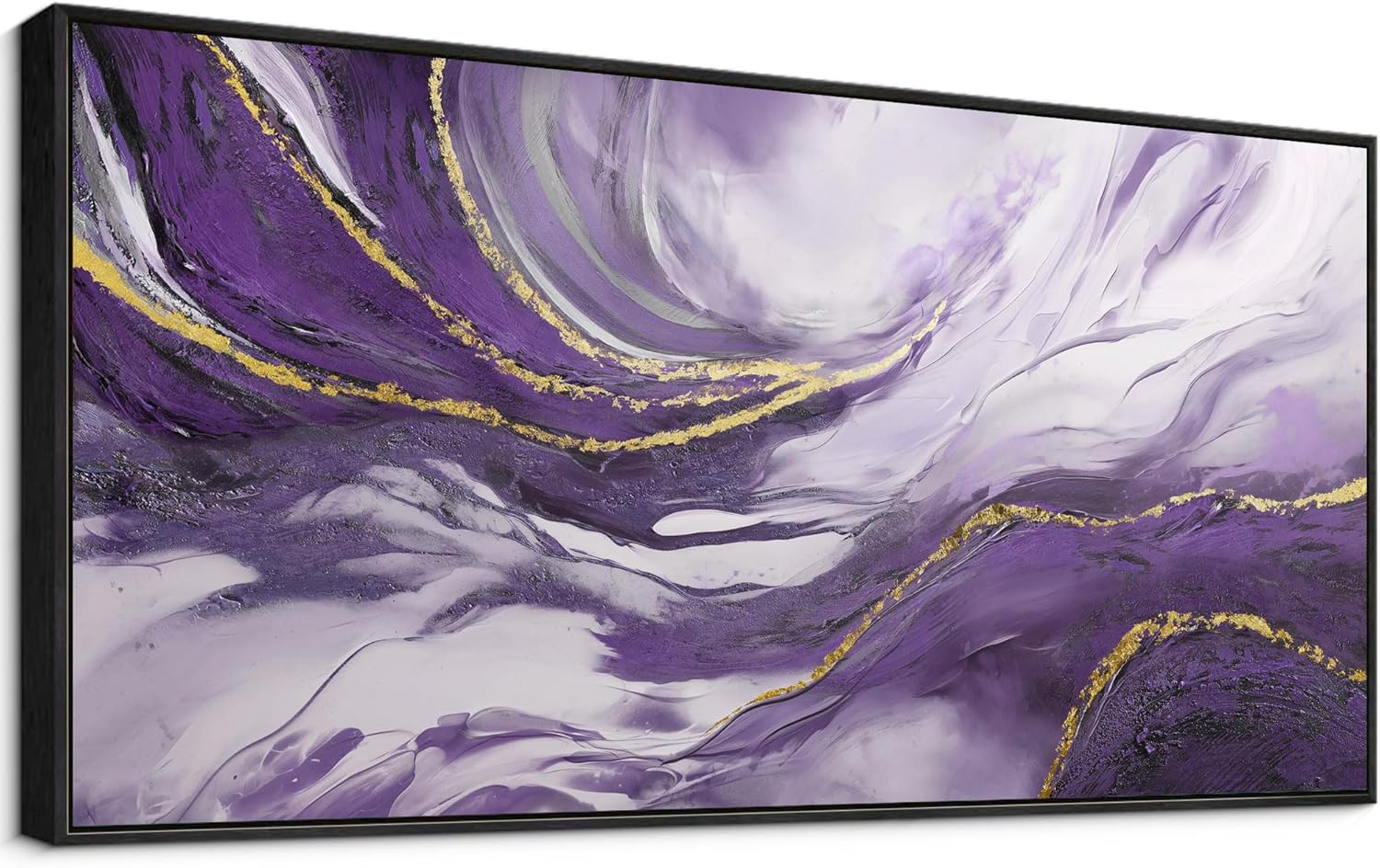 yiijeah Purple Abstract Black Frame Wall Art - Purple and Gold Canvas Picture Artwork for Bedroom Wall Decor Modern Living Room Office Home Decoration Size 24x48 Inches 48x24 Purple Abstract+Black frame