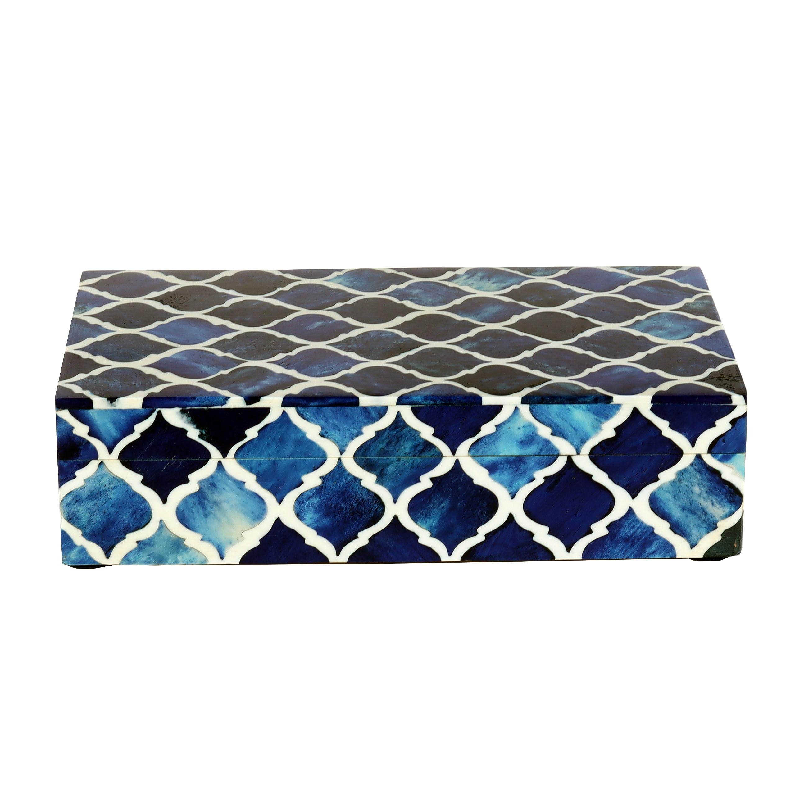 Handicrafts HomeHandmade Moroccan Pattern Inspired Decorative Box - Small Storage Organizer for Neck Chains, Watches, Memory Keepsakes - Boho Style Treasure Box, Multipurpose Gift - Blue, 8x5x2