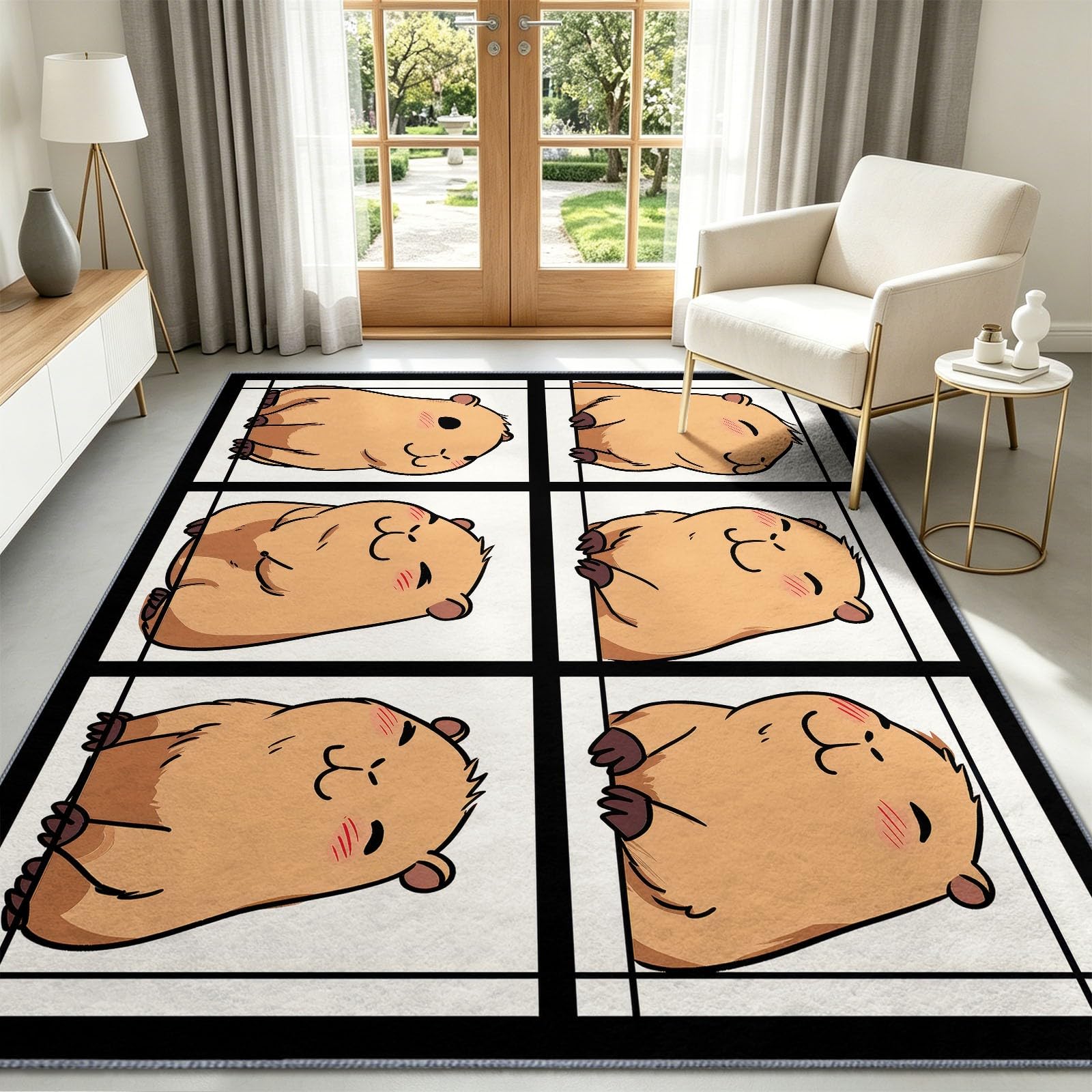 Flanelowy dywan 140 x 200 cm, pudełko z kreskówkami, nadruk świnki wodnej, nadaje się do prania, minimalistyczny komiks, antypoślizgowy, z nadrukiem, do salonu, pokoju dziecięcego, pokoju zabaw