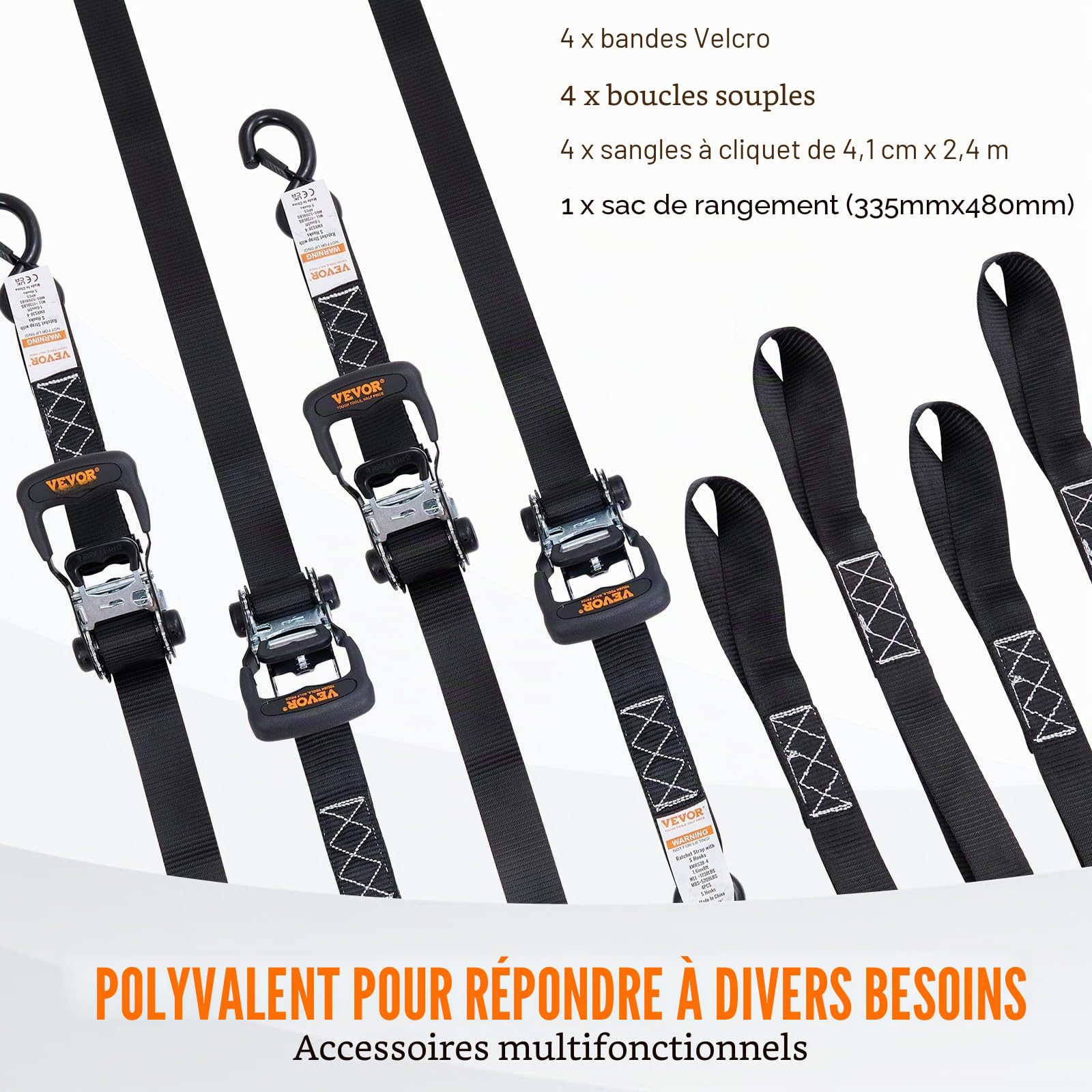 VEVOR Sangle à Cliquet Lot de 4 Sangles d'Arrimage Résistance à la Rupture Maximale 2362 kg 0,04x2,4 m pour Sécuriser Cargaisons, Appareils Électroménagers, Équipement de Jardin, Motos, Déménagement