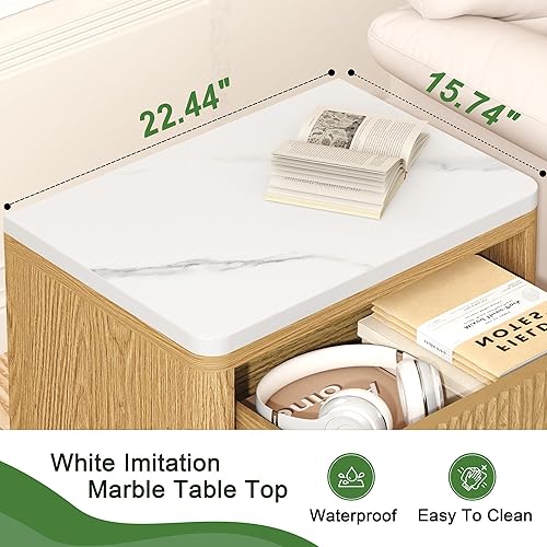 Miniatura 6 de Yusong Mesita de noche de madera acanalada, mesa auxiliar grande de 22 pulgadas con parte superior de madera de mármol sintético, modernas mesitas