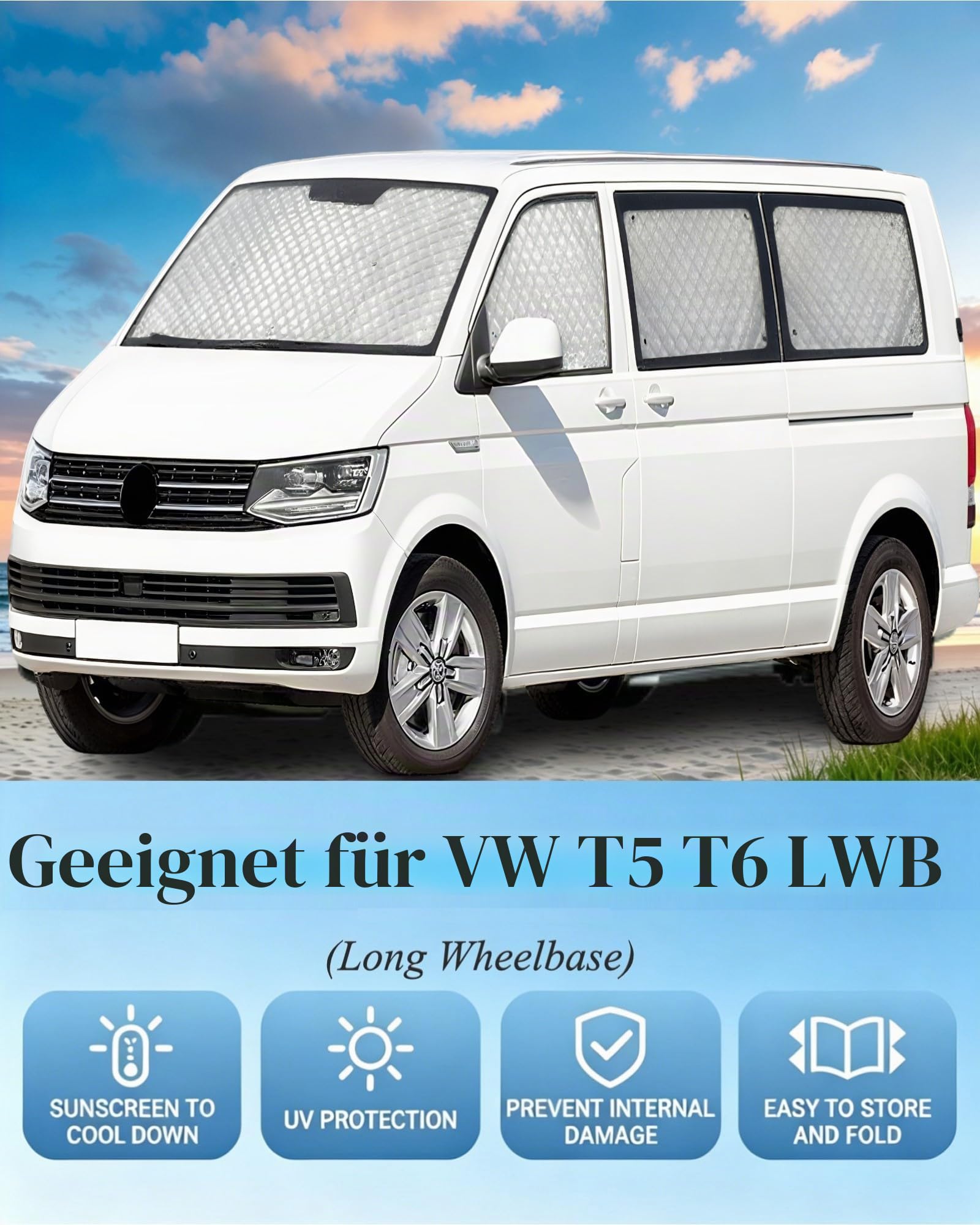 Auto Thermomatte Fahrerhaus Innen für VW T5 T6 LWB, 8 Stück Frontscheibenabdeckung Thermorollo Set Sonnenschutz Frontscheibe Innen Verdunkelung Windschutzscheiben Schutz mit Aufbewahrungstasche (8PCS)