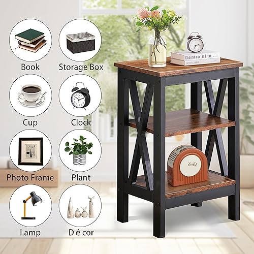 Miniatura 4 de VECELO Mesitas de noche modernas X-Design Mesa auxiliar con estante de almacenamiento para dormitorio, sala de estar, Marrón
