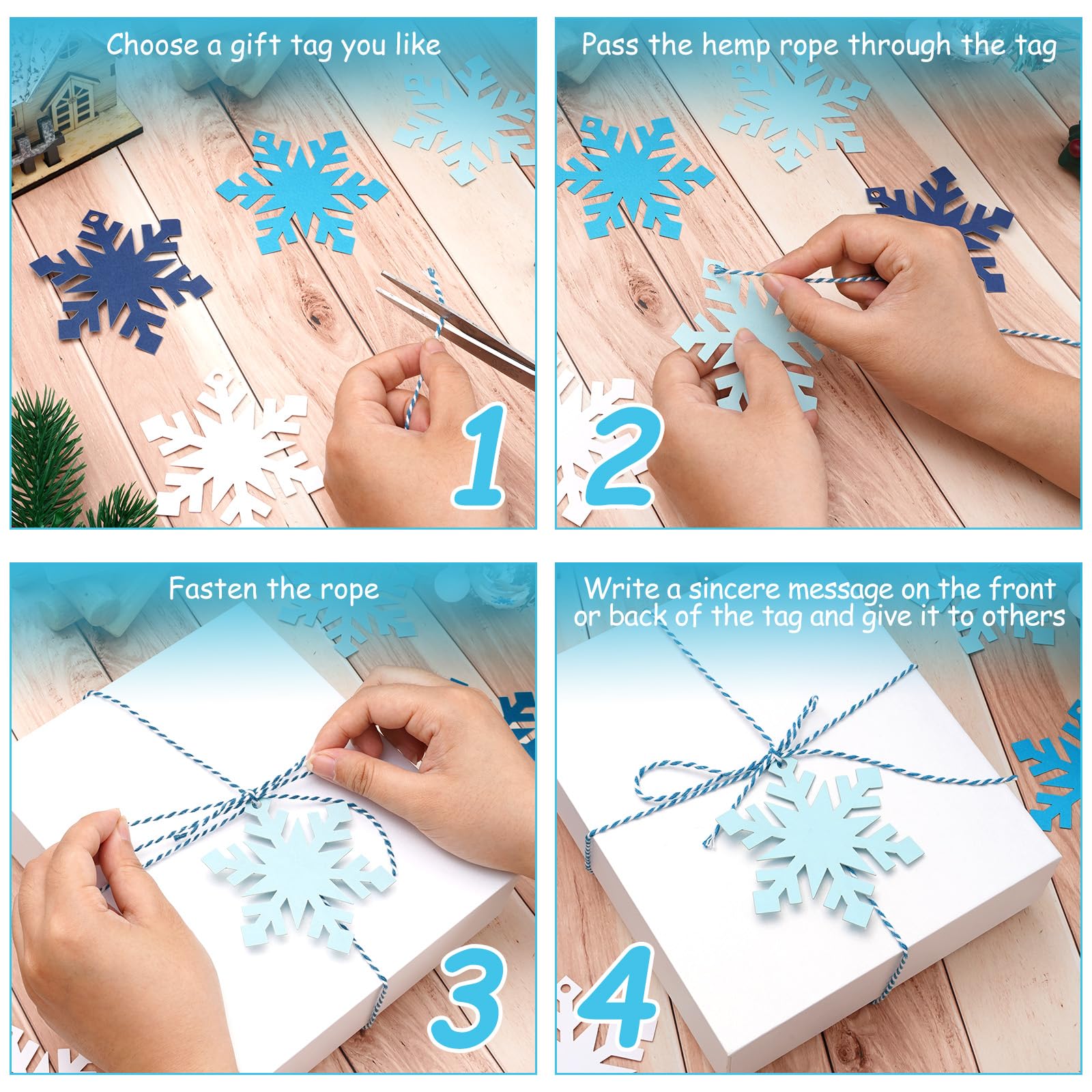 Whaline 120 Stück Weihnachts-Winter-Papier-Geschenkanhänger mit Hanfseil, weiß-blaue Schneeflocke, hängende Anhänger mit vorgestanzten Löchern, Weihnachtsgeschenke, Wunsch-Etiketten, 4 Farben