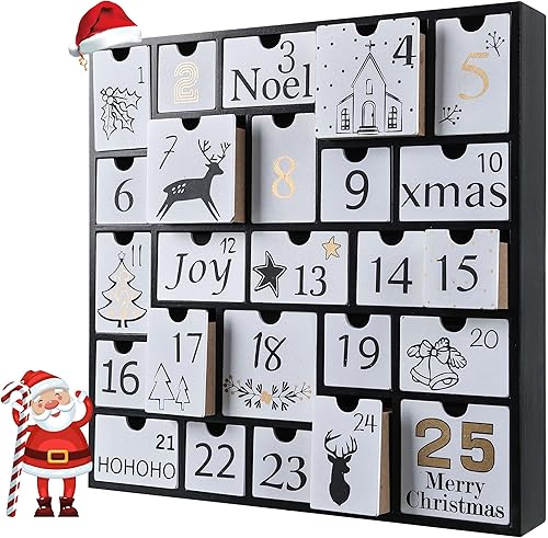 SUNGIFT Cajas de calendario de Adviento de madera de Navidad con 25 cajones y números para llenar 2023, calendario de Adviento de cuenta regresiva,