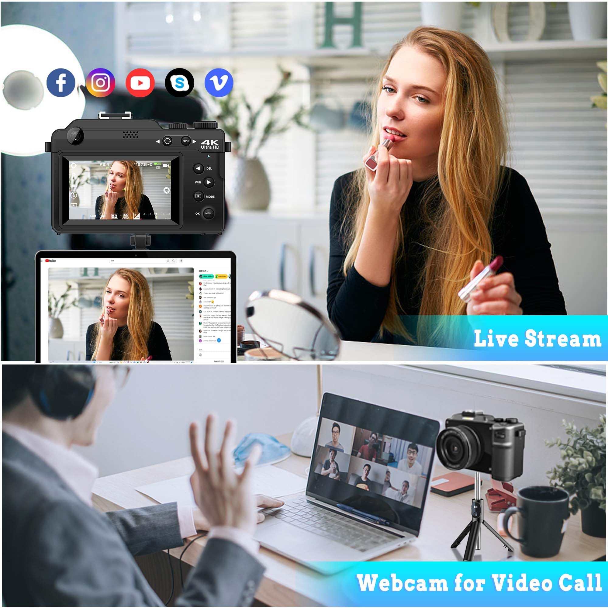 Fotocamera digitale 4K con due lenti: fotocamera da 48 MP, zoom 18x, fotocamera compatta da 3 pollici, fotocamera portatile con scheda da 32 GB, per adolescenti, principianti, bambini, colore nero