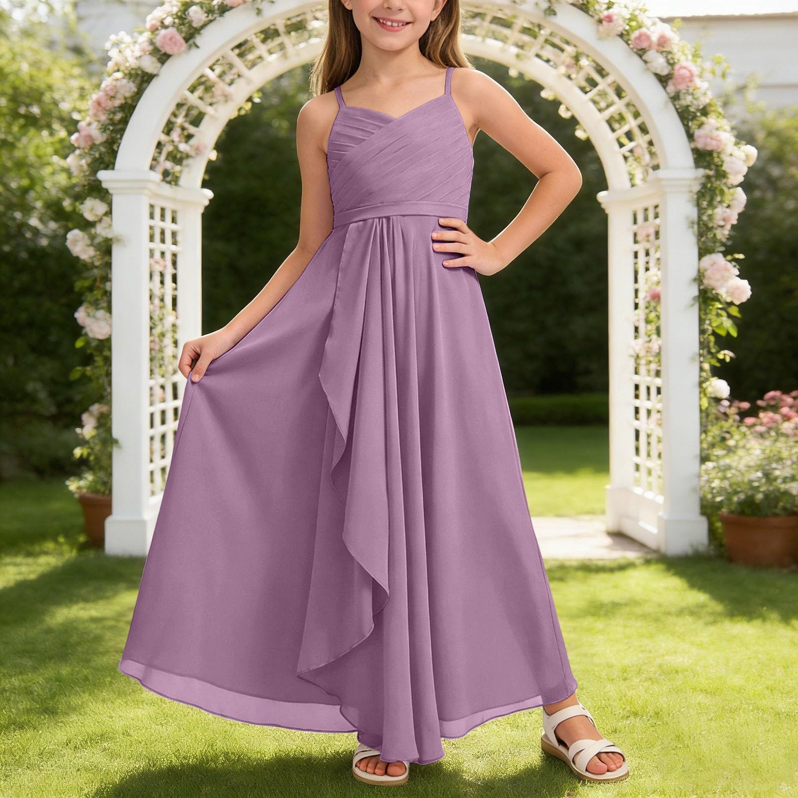 Abito lungo da bambina, linea ad A, in chiffon, per damigelle d'onore, matrimoni, feste, con spalline, estivo, arioso, comodo