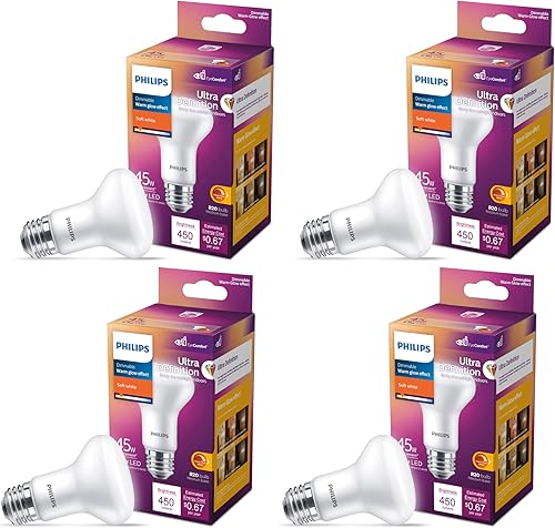 PHILIPS Bombilla LED E26 R20 equivalente a 45 vatios de ultra definición, regulable, color blanco suave con brillo cálido, 2700 K (paquete de 4)