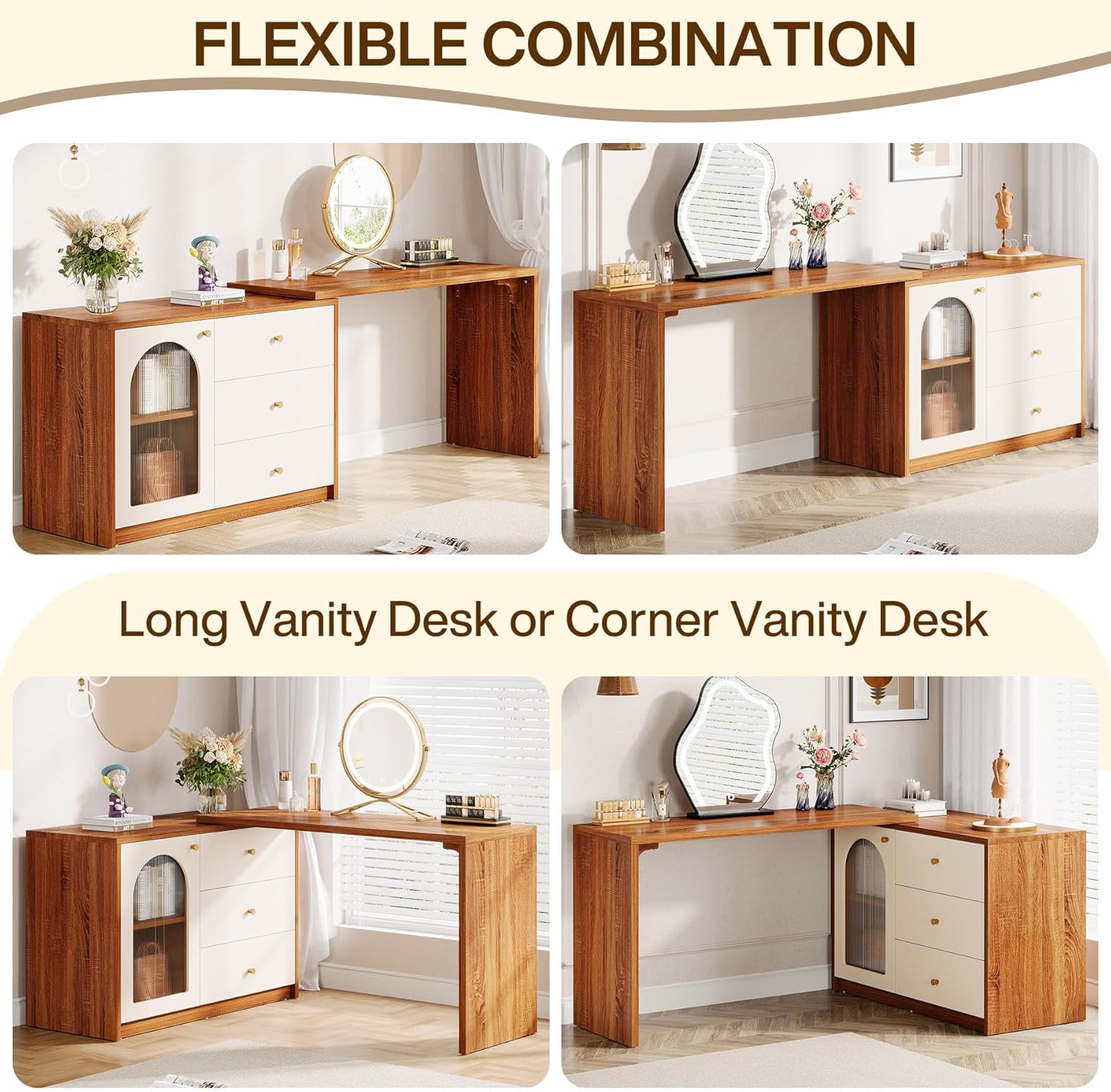 Tribesigns Modern Makeup Vanity, Retractable Large Vanity Desk with 3 Drawers and Cabinet, Makeup Corner Dressing Table for Bedroom, Walnut and White (Without Mirror)