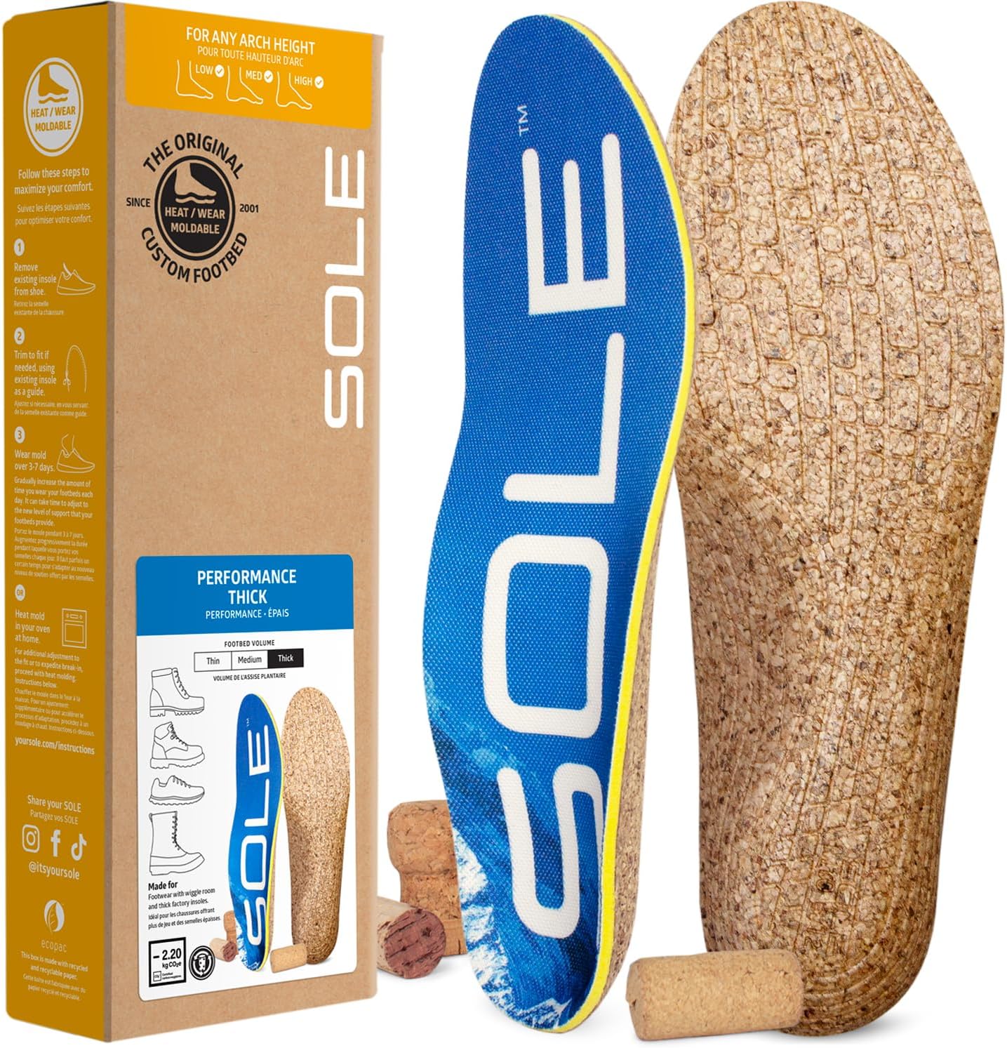 SOLE Performance Thick Insoles - Custom Moldable Orthotic Support for Any Arch Type, Plantar Fasciitis Relief - Mens Size 8/Womens Size 10, 1 Pair