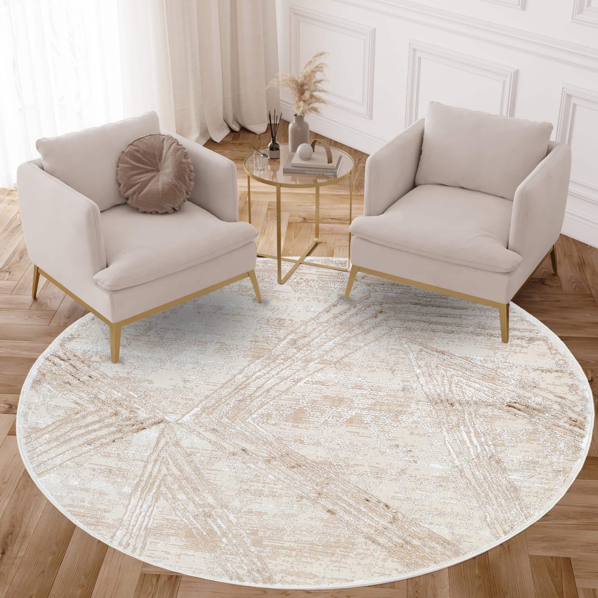 TAPISO Crystal Redonda Alfombra Salón Pelo Corto Crema Marrón Diseño Líneas Modernas Patrón Borroso Efecto 3D Brillante Dormitorio Pasillo Oeko-Tex 100 x 100 cm
