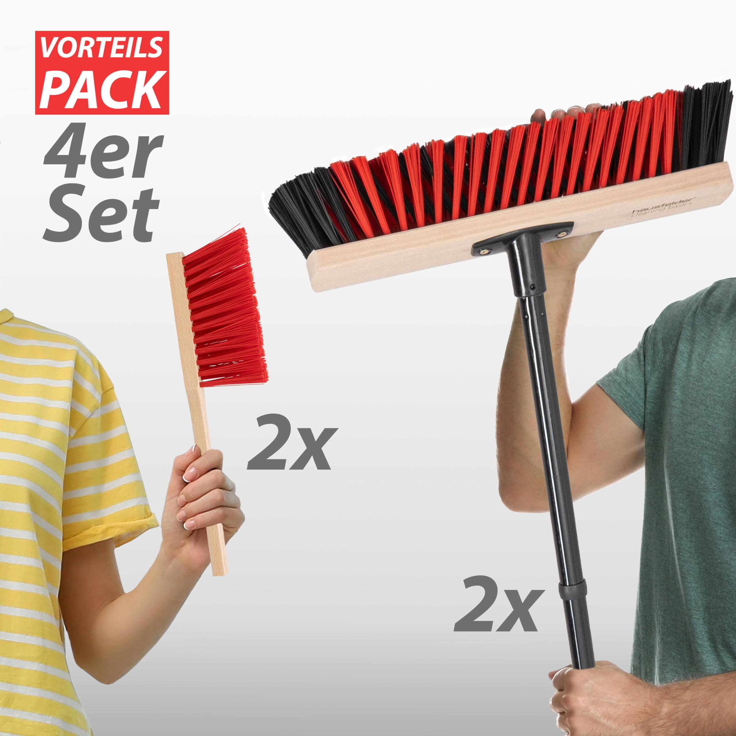 Hausfelder Straßenbesen Set 40 cm, 4-teilig, Schwarz | 4-teilig, für Garten & Terrasse, Straßenbesen, Handfeger, langer, Stiel, Kehrbesen, draußen, hart, Garage