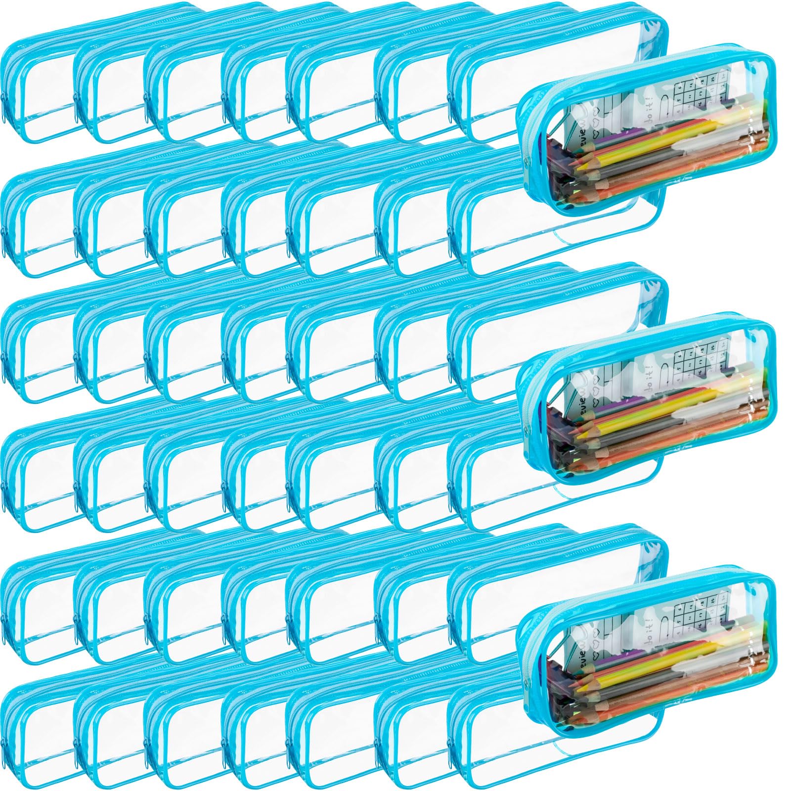 Fainne 50 astucci trasparenti per matite da esame, in PVC, con grande capacità, con cerniera, estetico, portatile, da viaggio, articoli da toeletta per cancelleria da ufficio, trucchi (blu)