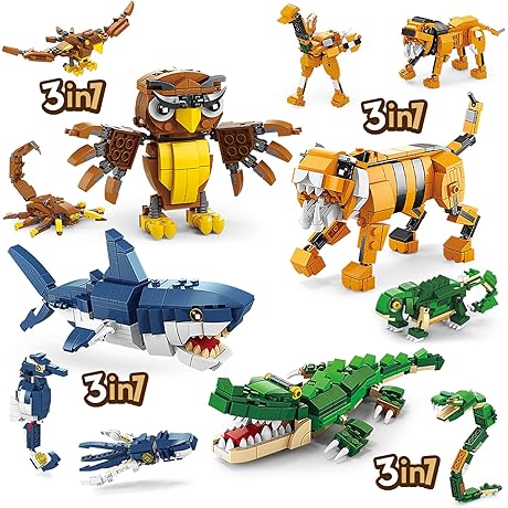 Creator 3 in 1 Animals Building Set, Owl, Shark, Crocodle, Tiger to Animal Figure Toys