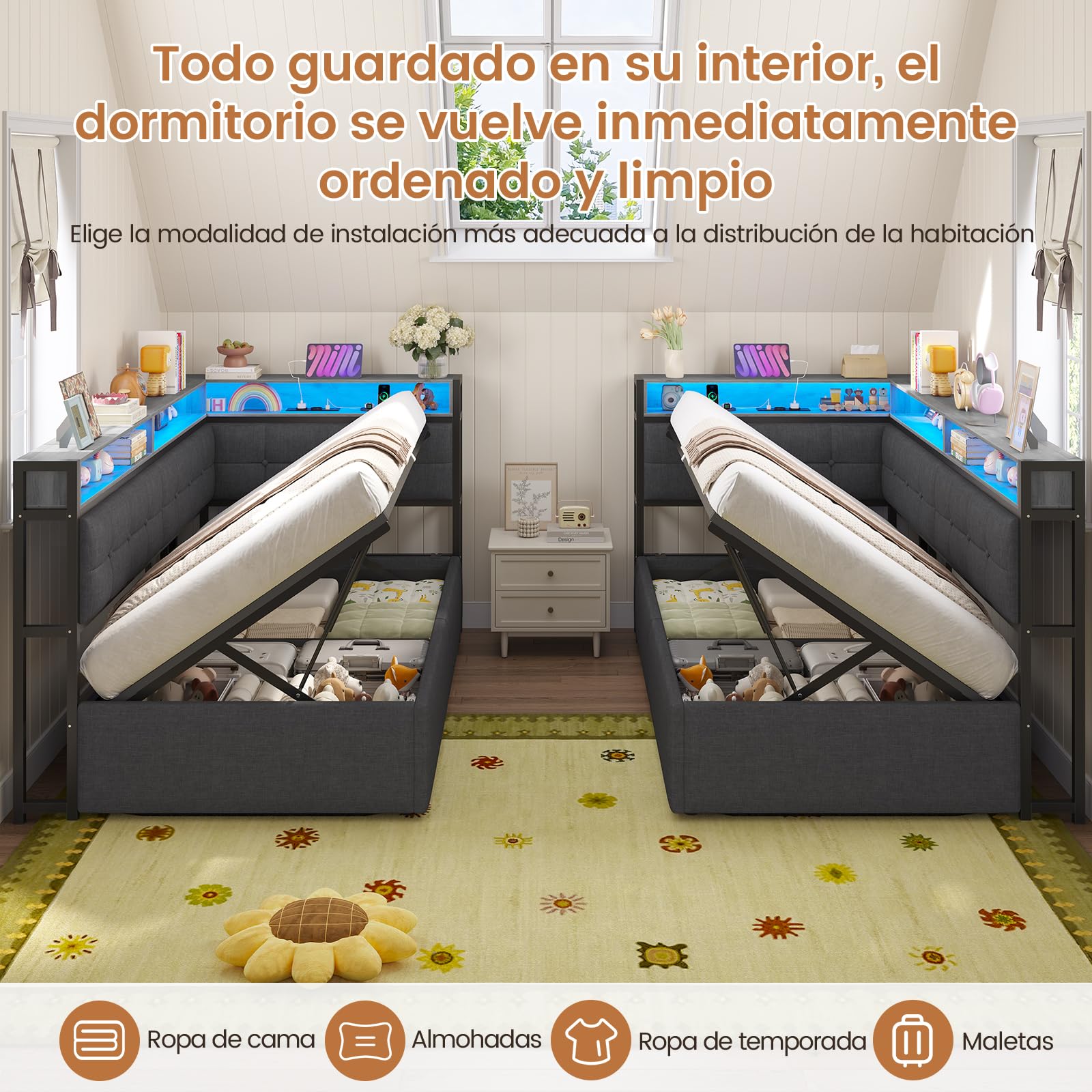 DICTAC Cama acolchada 90 x 190 cm con espacio de almacenamiento, LED y estación de carga, cama juvenil con cajón hidráulico, compartimento de almacenamiento de dos niveles, cama individual en gris