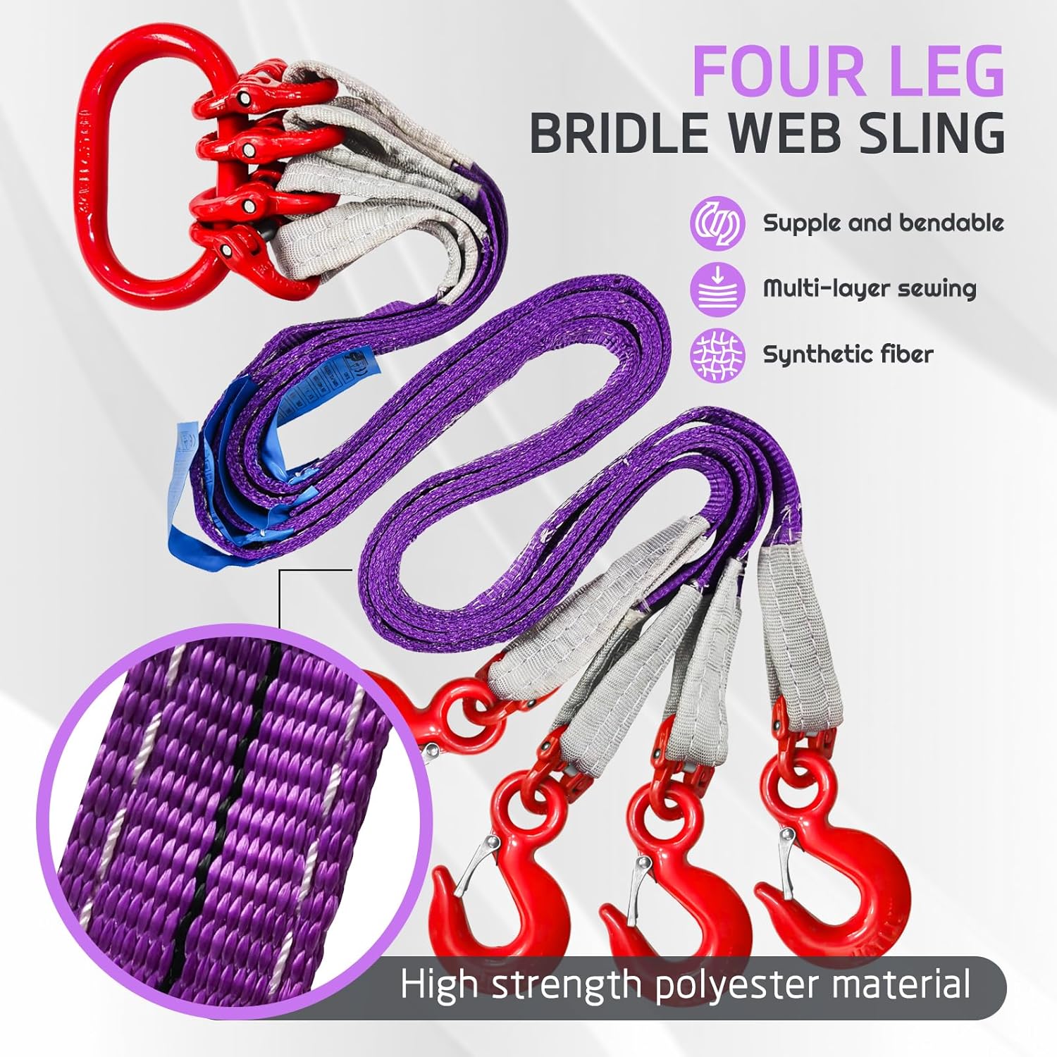Four Leg Bridle Web Sling 5ft 6600lbs Lifting Slings with G80 Alloy Steel Grab Hooks and Adjuster Polyester Webbing Purple Rigging Straps for Safe Towing and Handling of Cargo - Image 3