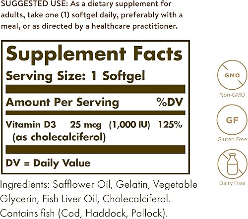 Miniatura 2 de Solgar Vitamina D3 Colecalciferol 25 mcg 1000 UI 100 cápsulas blandas  Ayuda a mantener huesos y dientes saludables  Apoyo del sistema inmunológico