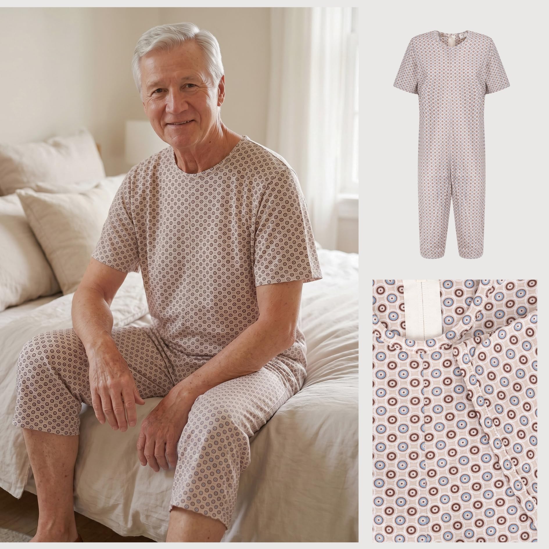 Pyjama intégral médical été unisexe – Grenouillère adulte coton 100% à manches et jambes courtes – Pyjama dos zip seniors – Vêtements gériatriques Made in Italy