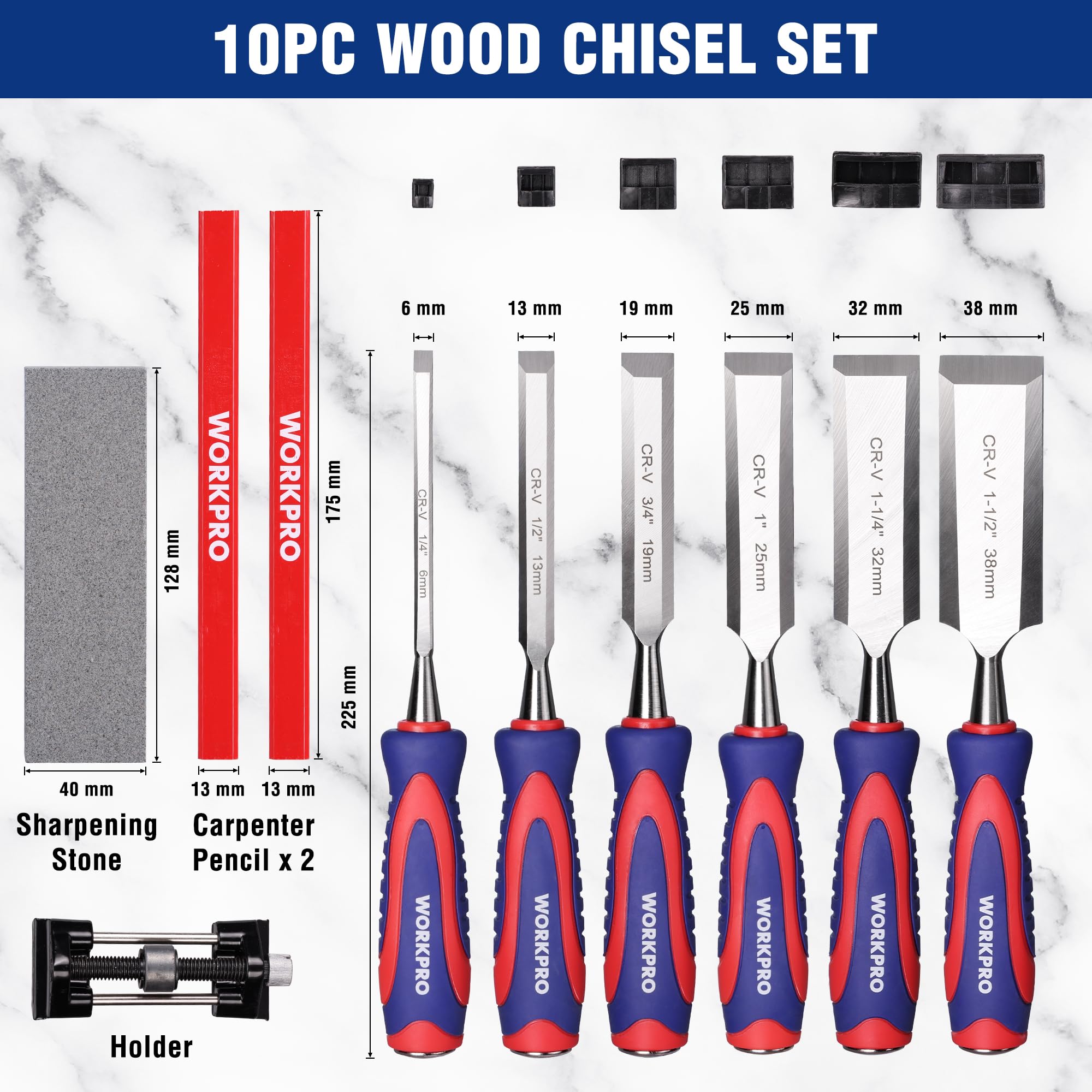 WORKPRO Wood Chisel Set, 10 Pieces Chisel Set including 6 to 38mm Chisels, Sharpening Stone, Honing Guide and Storage Case - Image 3