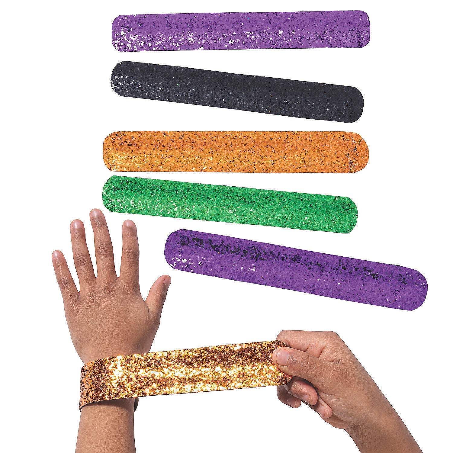 Fun Express Glitter Slap Bracelets, Set of 12 Gold, Purple, Green, Orange and Black Colors - Party Jewelry