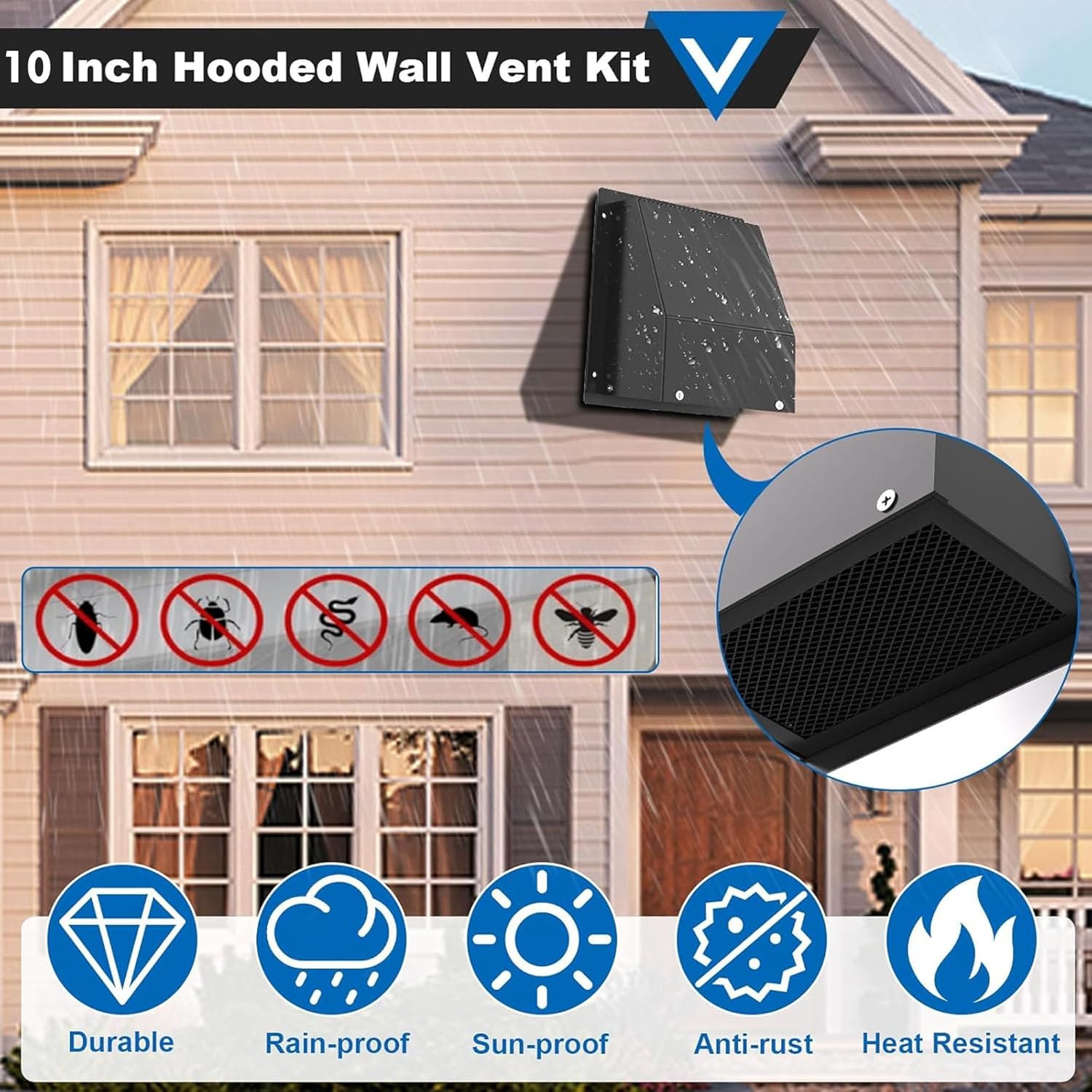 10 Inch Wall Vent with Screen and Damper, Galvanized Steel Hooded Wall Vent Cover Black Metal Exhaust Duct Cap Kit with Hose Clamp Aluminum Foil Tape for Outdoor Laundry Room Kitchen Range Hood