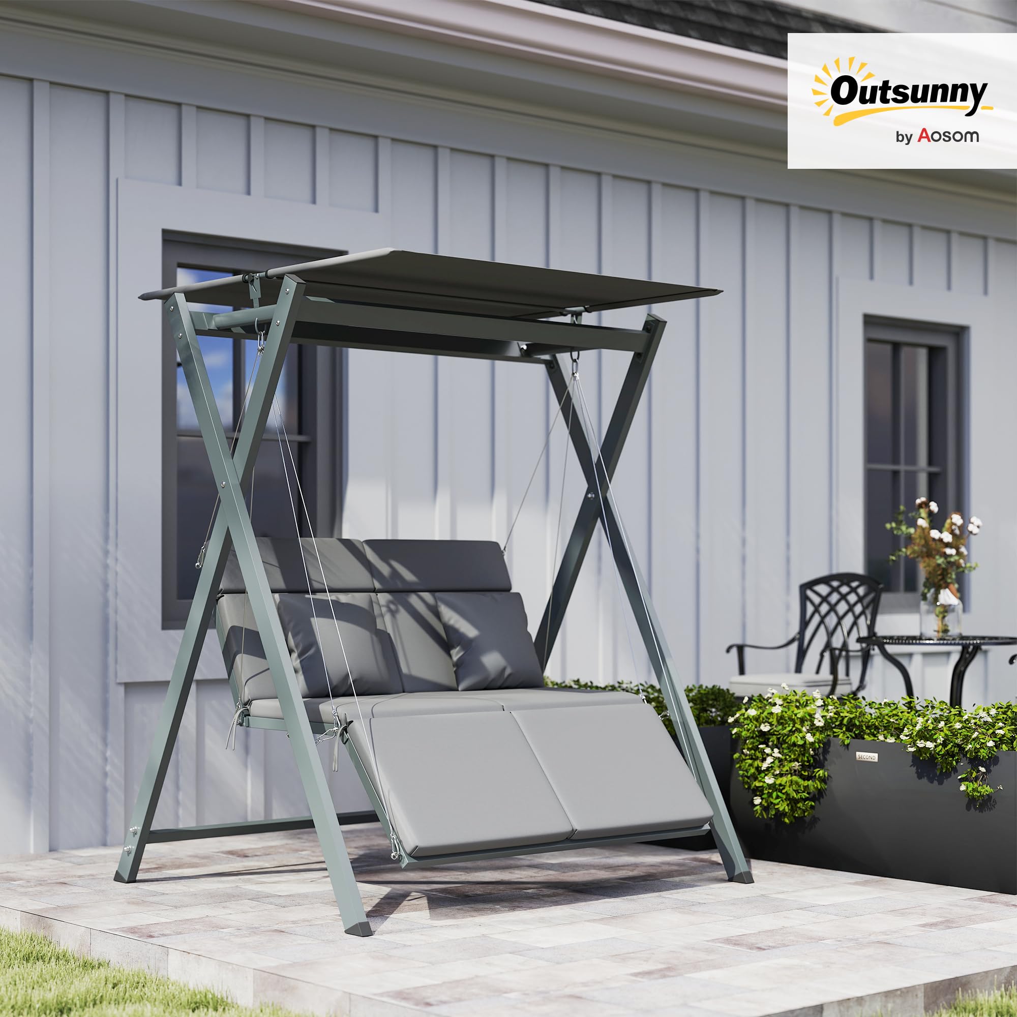 Outsunny Columpio de Jardín Exterior de 2 Plazas Balancín de Jardín Exterior con Protección UV30+ Toldo Ajustable y Cojines Convertible en Cama Carga 220 kg 142x130x168 cm Gris Oscuro