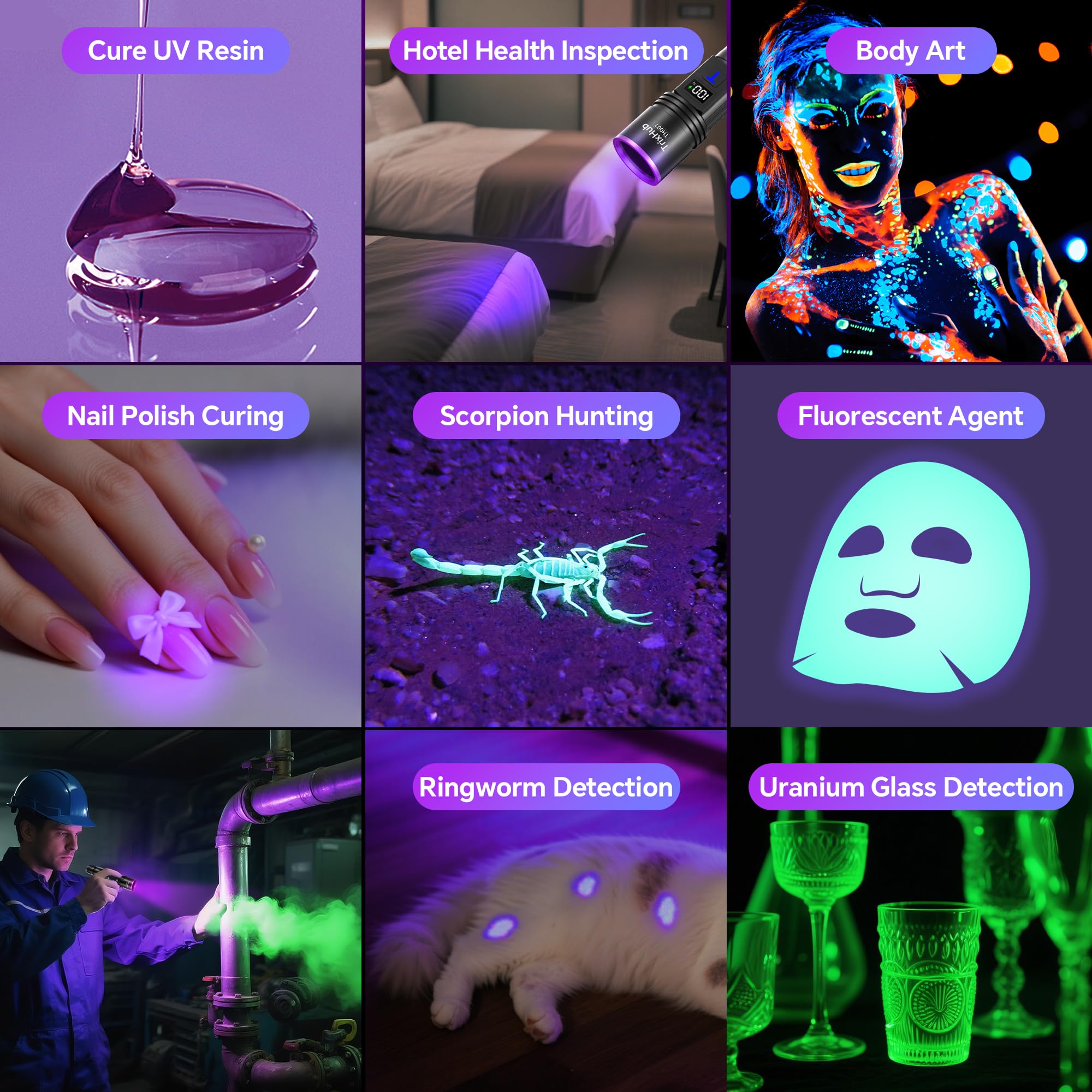 365nm Black Light Flashlight UV Flashlight Rechargeable with LCD Display Powerful Ultraviolet Lights for Pet Urine Detection Resin — view 9