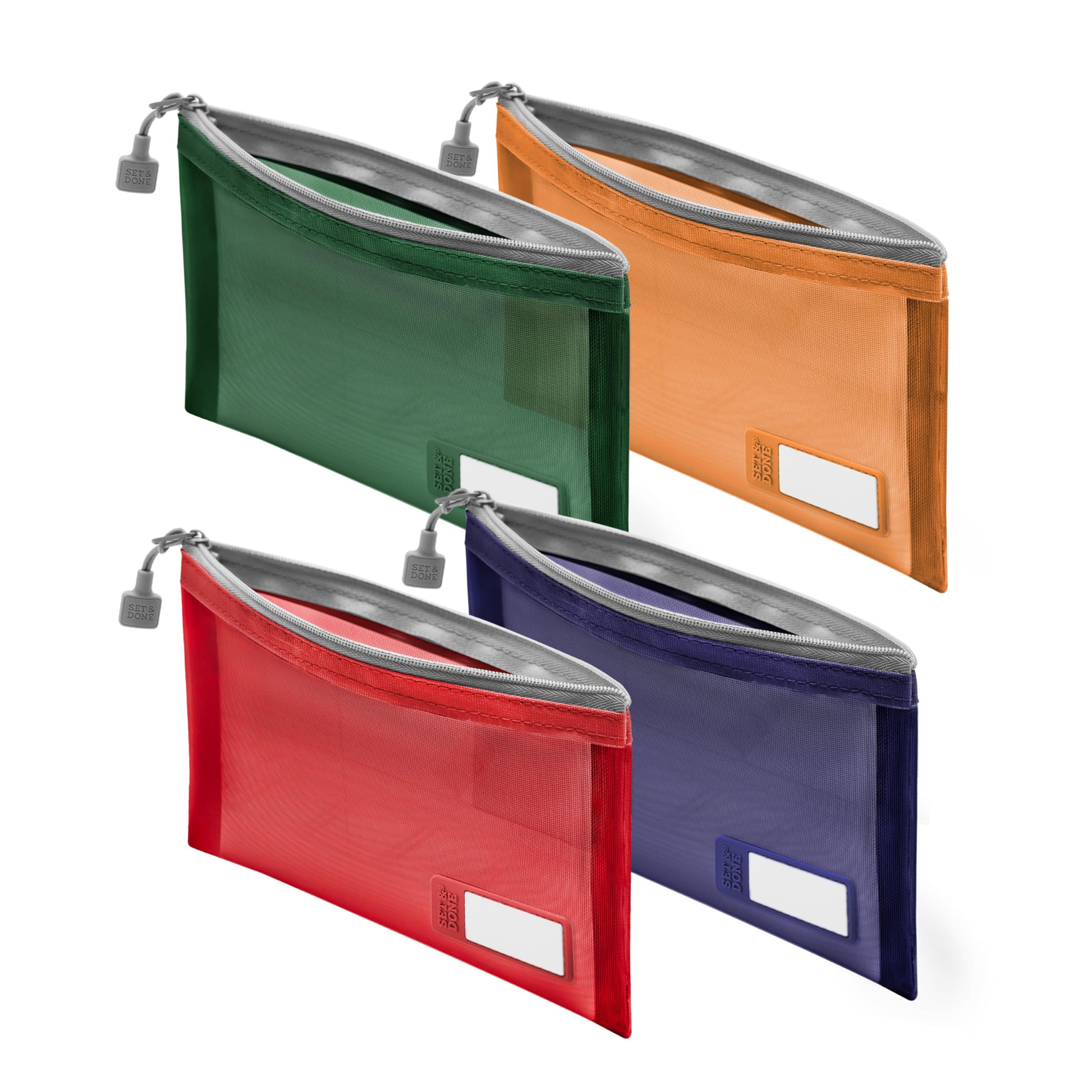 Set & Done Onama Flexi Mesh Zipper Pouch – Durable Clear Nylon Storage Bag with Name Tab for Makeup, Travel, Diaper Bag & Office Organizing