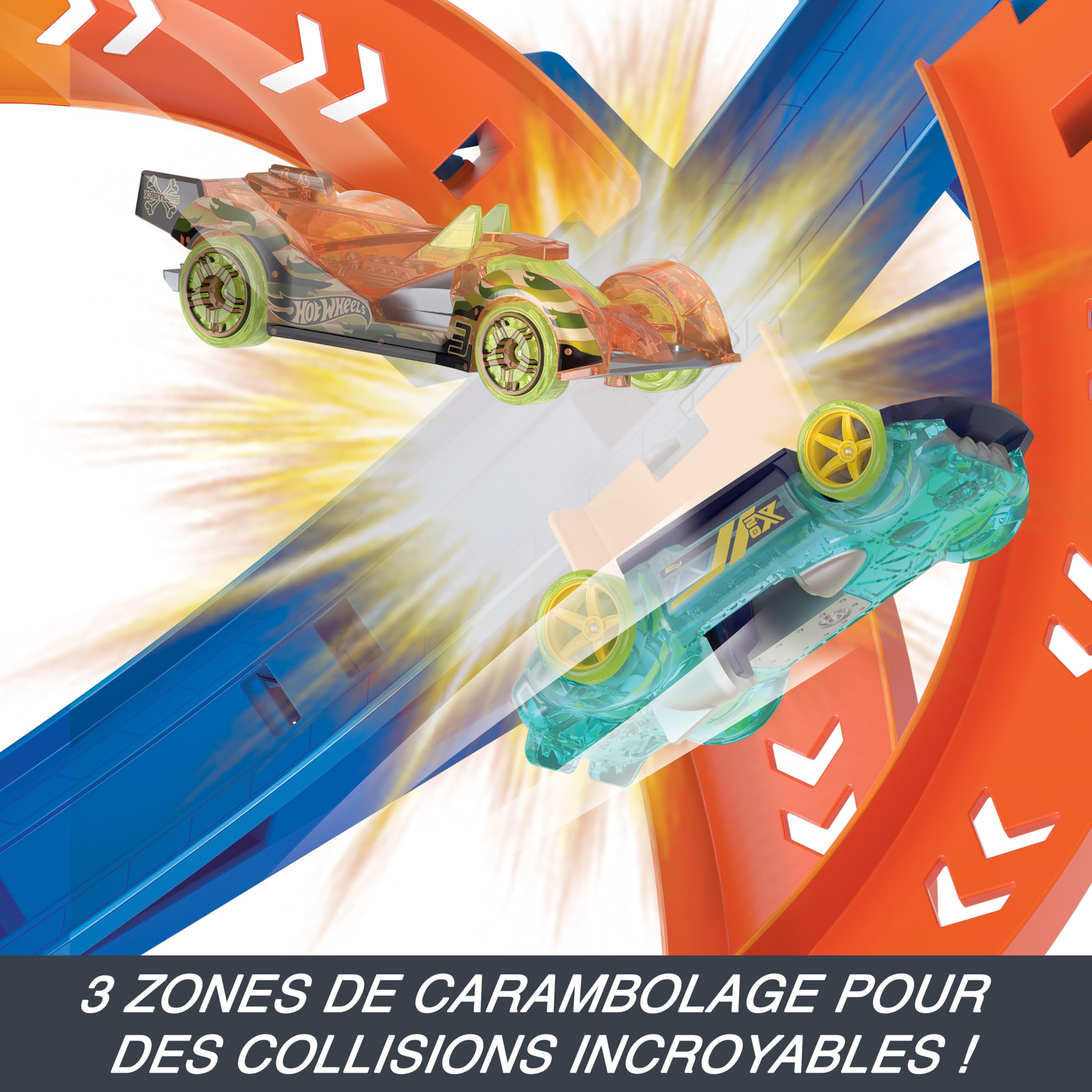 Hot Wheels Coffret Piste Cyclone Crash, Grand Circuit motorisé (70 cm de Haut) avec 3 Zones de carambolages, 1 véhicule Inclus, Jouet Enfant, HJT51