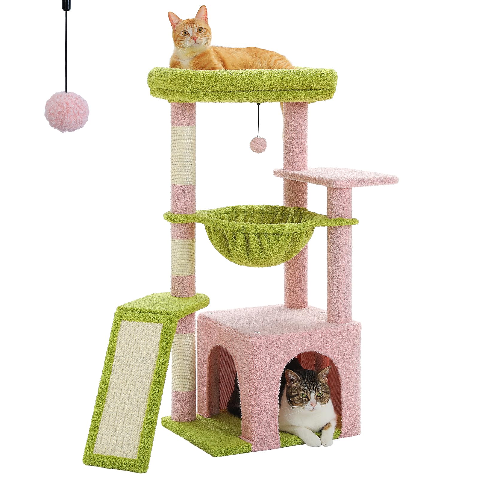 PAWZ Road 92cm Cat Tree, Kitten Cat Tower with 3 Scratching Posts, Scratcher Pad, Spacious Condo, Cozy Hammock (Dia=30cm) and Large Top (40 x 25cm) Perch for Indoor Kittens, Pink - Pink