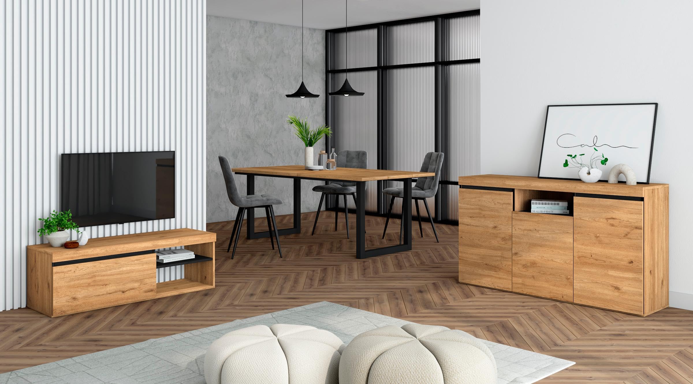 Skraut Home - Set di mobili per il soggiorno | Tavolo 200 piedi U 10 commensali | Mobile TV 120 | Madia/Credenza 140 | Rovere e Nero | Stile industriale