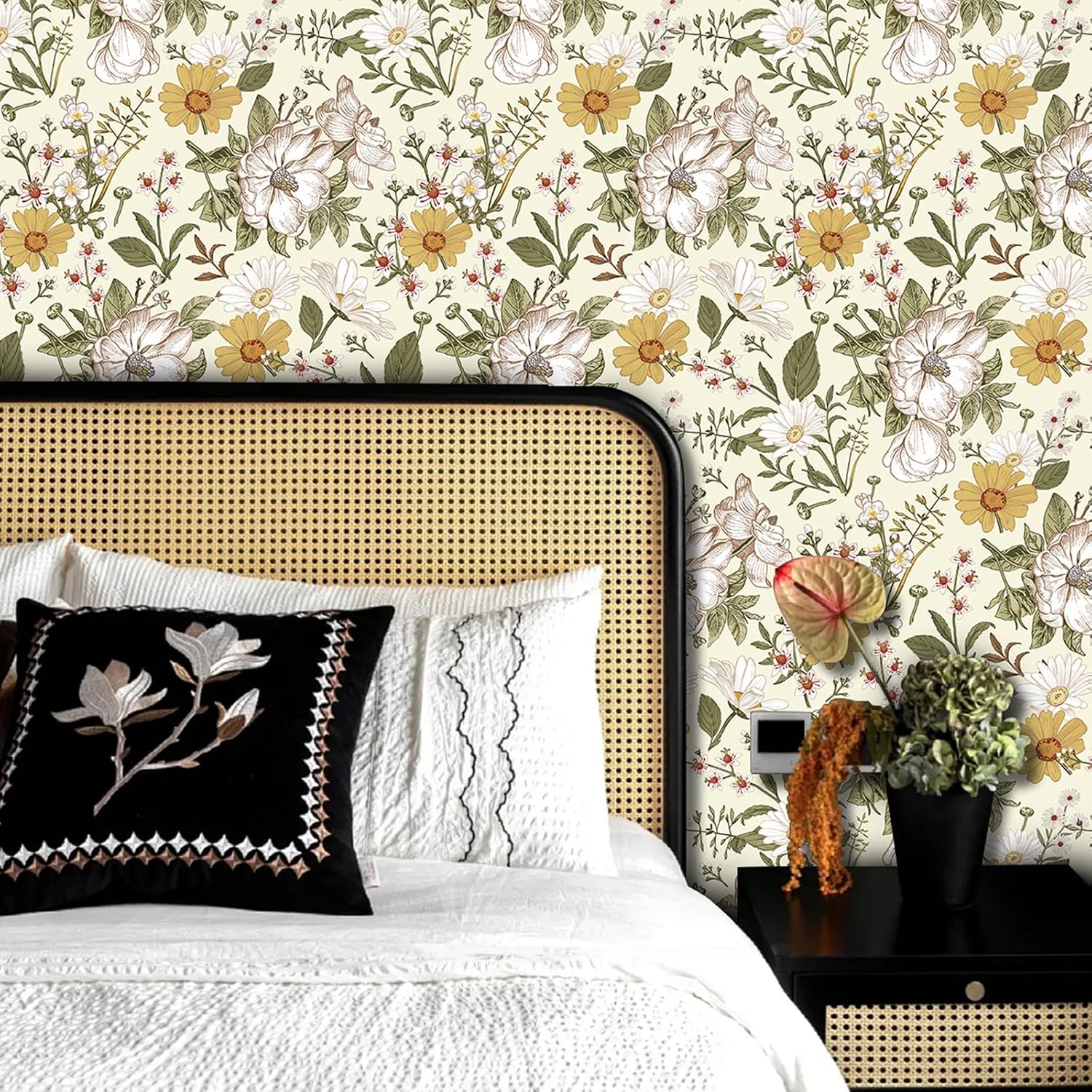 practicalWs Vintage Floral Peel and Stick Wallpaper Boho Peony Daisy Wallpaper for Bathroom Self Adhesive Removable Wall Paper for Living Room Cabinets Window Wall Backsplash 17.7in*393.7in