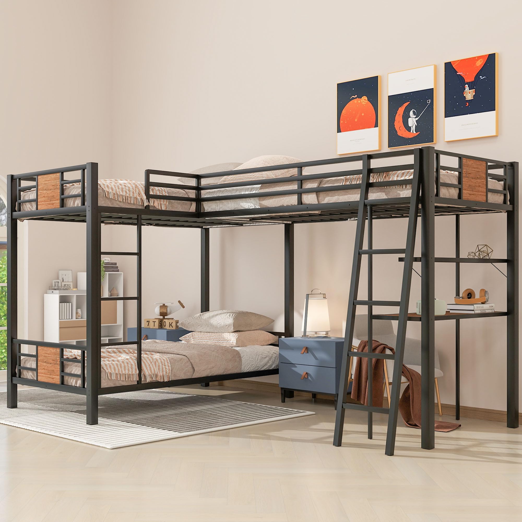 Bellemave Metal Triple Bunk Bed with Desk and Shelf, L-Shaped Bunk Bed for 3 Kids Teens Adults, Twin Over Twin Bunk Bed with a Twin Size Loft Bed Attached – Brown