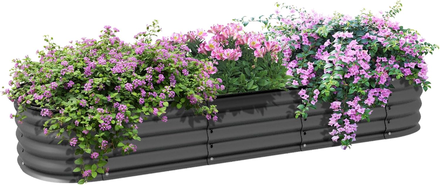 Outsunny 6.5' x 2' x 1' Galvanized Raised Garden Bed Kit, Outdoor Metal Elevated Planter Box with Safety Edging, Easy DIY Stock Tank for Growing Flowers, Herbs & Vegetables, Dark Gray