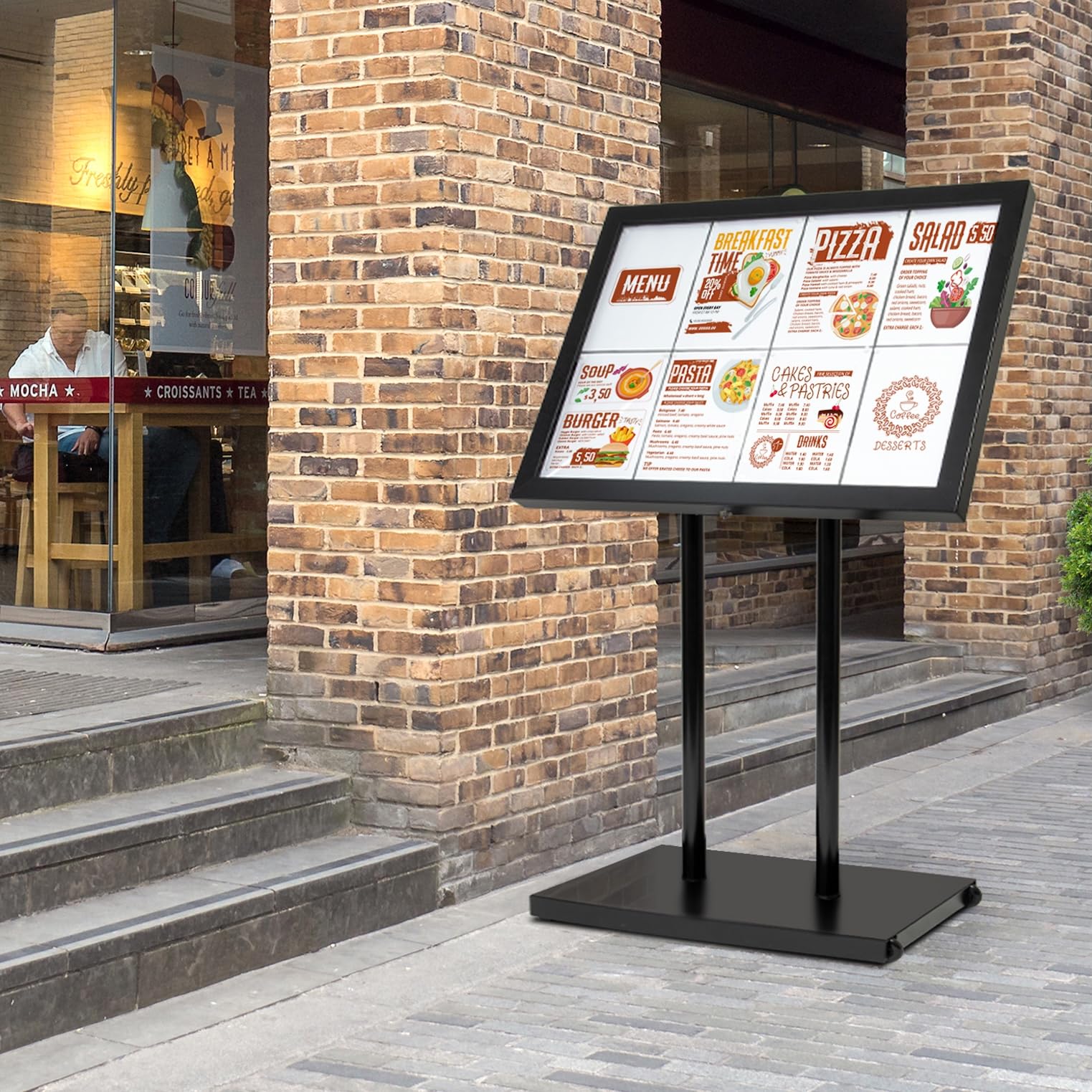 SECURIT - Base para Porta Folletos Exterior LED - Negro | Con Ruedas Incluidas - Acero - Ideal para restaurantes, bares y cafeterías