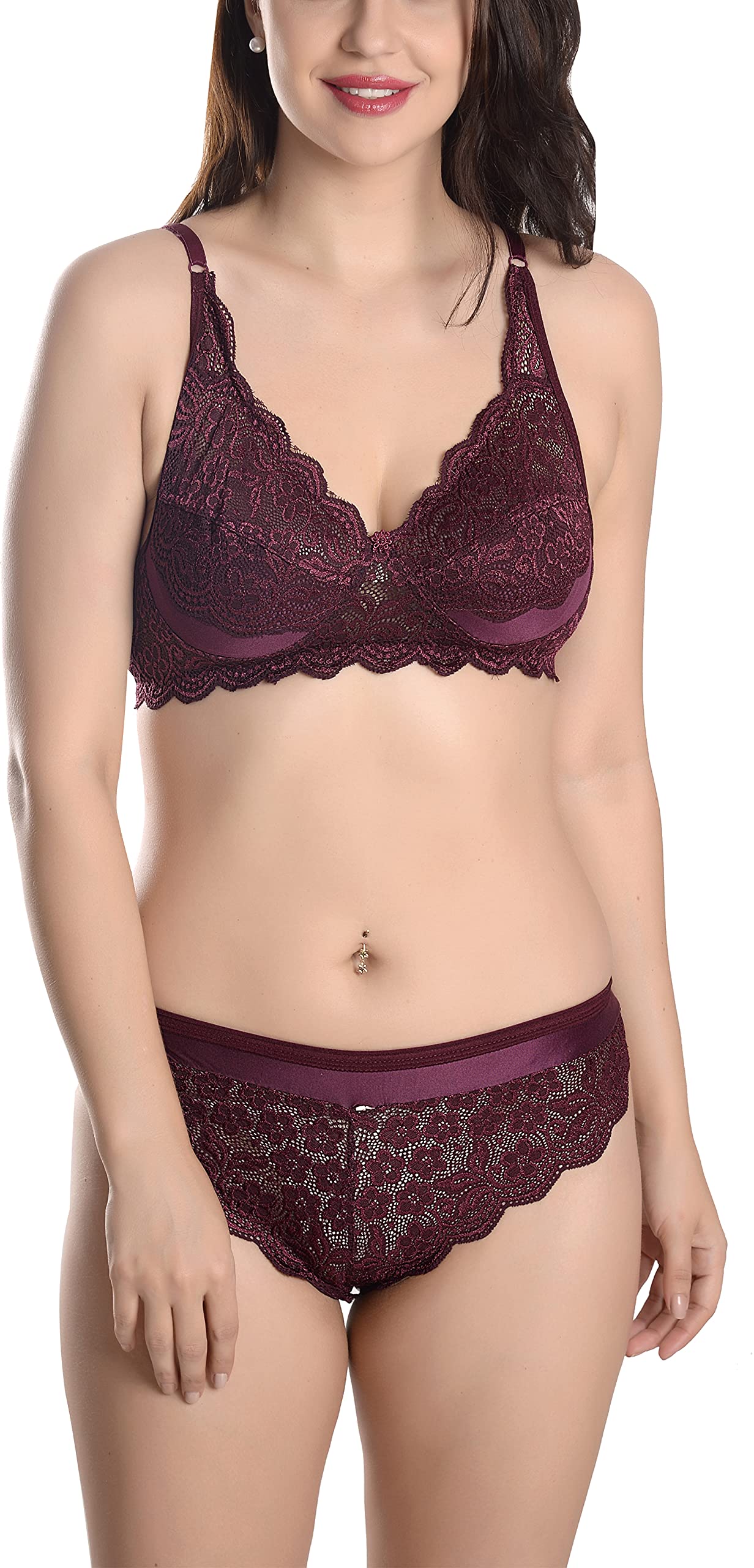 fims - fashion is my style Soft Lycra Stretchable Bra Panty Set for Women, Non-Padded, Non-Wired, Seamed, Floral Print, Full Coverage, Lingerie Set, Maroon, Cup-B, Pack of 1, Size- 34-picture-31