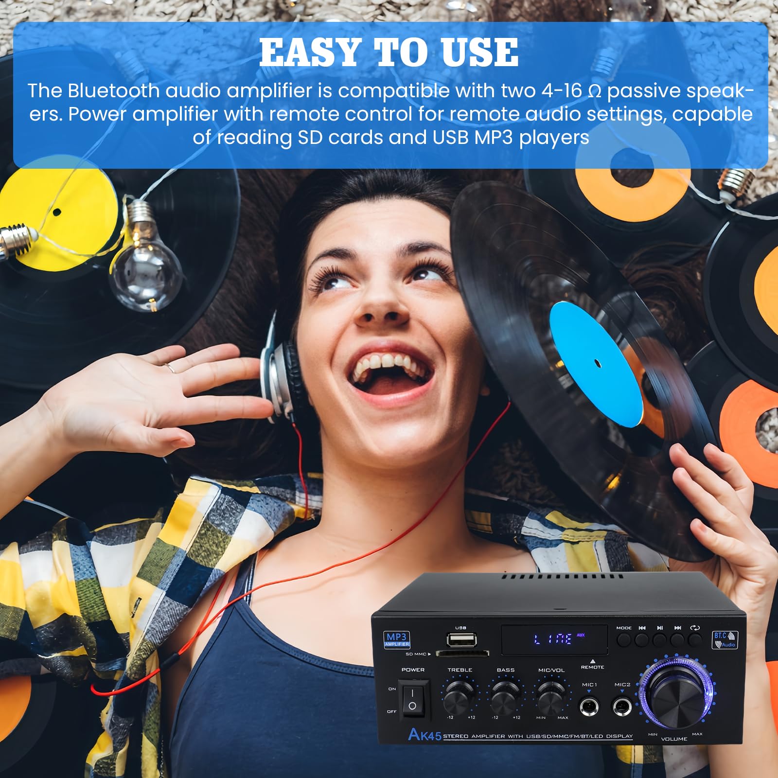 AK45 Amplificatore HiFi Mini Stereo Bluetooth 2.0 Canali 40W X 2 12V/240V Telecomando