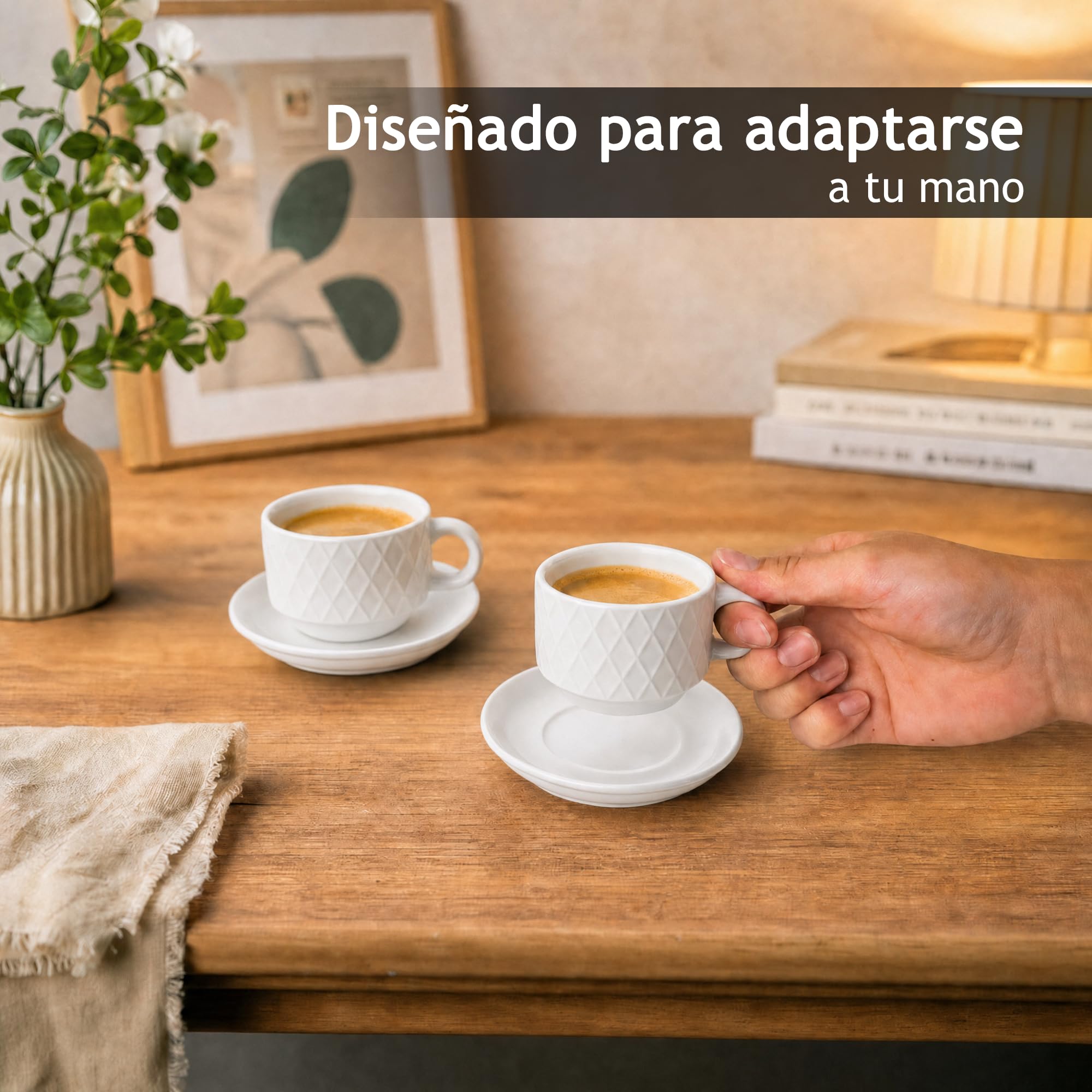 MIAMIO - Set de 6 Tazas Espresso 75 ml con Soporte Cerámica Gres – Tazas Pequeñas para Espresso – Juego Moderno en Blanco – Colección Palmanova, Apta Lavavajillas | Con soporte, apto para lavavajillas, microondas y frigorífico, 6 tazas