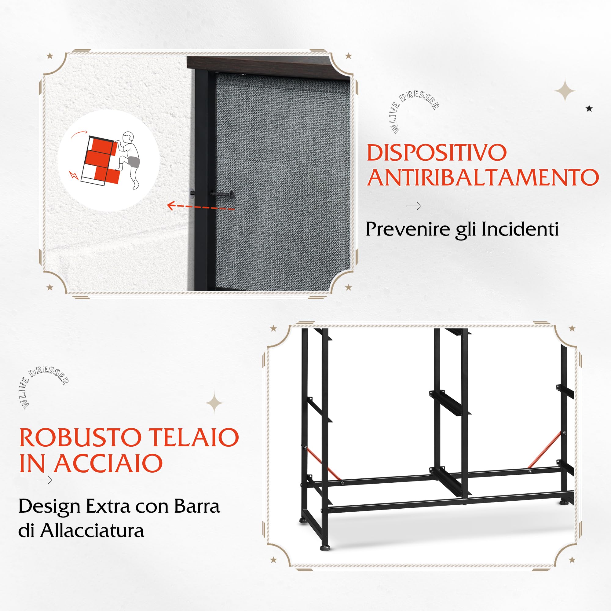 WLIVE Cassettiera in Tessuto con Cassetti, Cassettiera Camera da Letto, Struttura in Acciaio Ideale per Soggiorno, Cameretta di Bambini, Corridoio (Grigio Nero, 6 Cassetti)