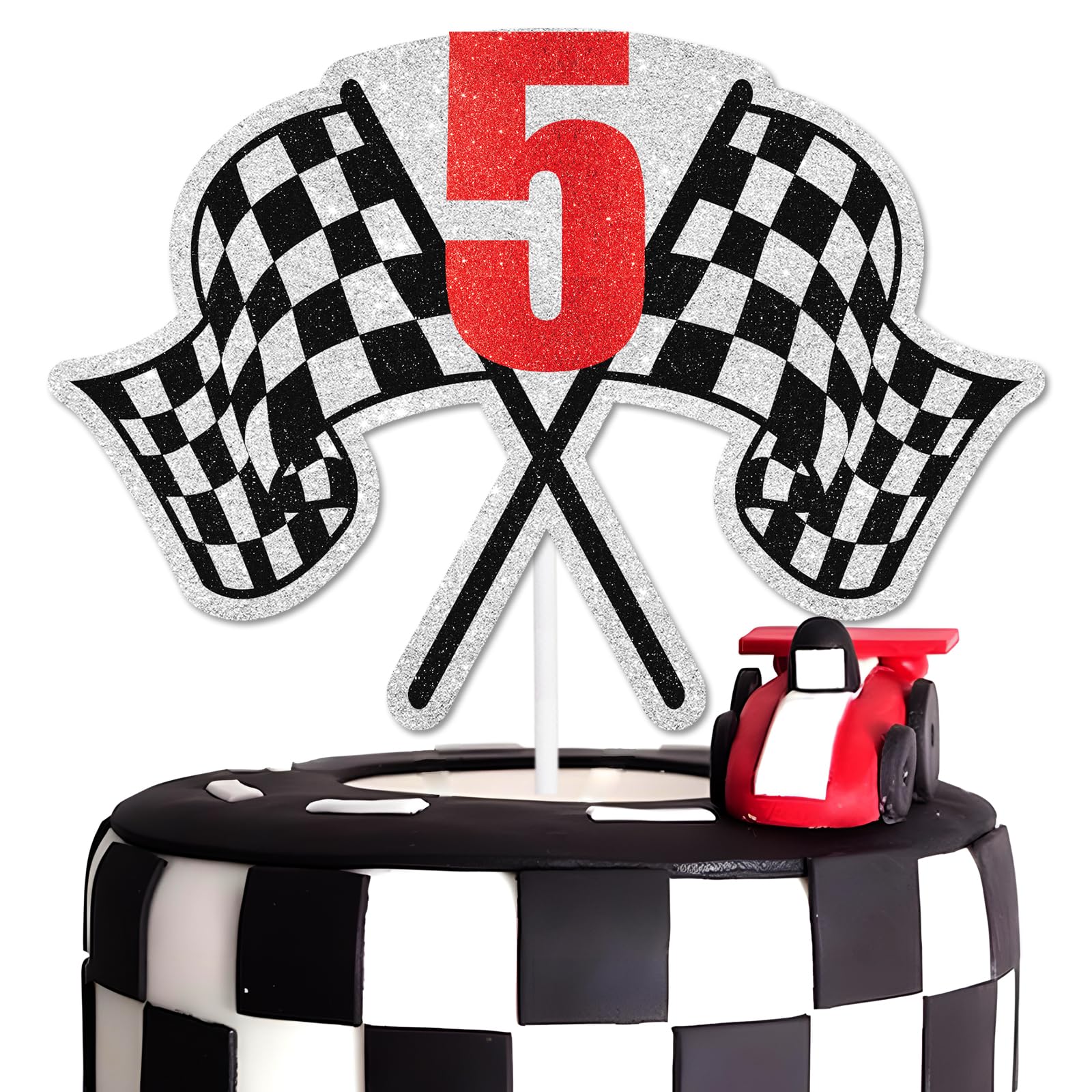 Racing Cake Topper 5th Birthday Happy Finish Line, Checkered Flag, Fast, Car Decoration, Racer Birthday Party for Boy and Girl, Racing Themed Party