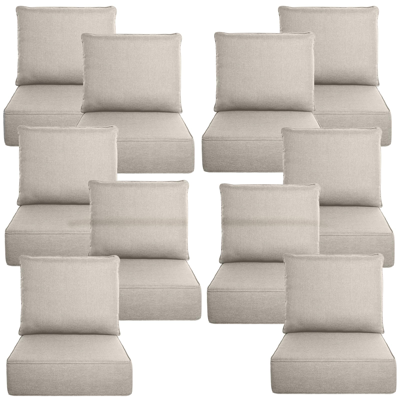 Luxury 6" Thick Outdoor Cushion Set 10 - 24x24 Patio Furniture Cushions with 28D High-Density Foam, Water-Resistant &amp; Fade-Resistant Fabric, Removable Covers for Patio Furniture Sofa Couch -Beige