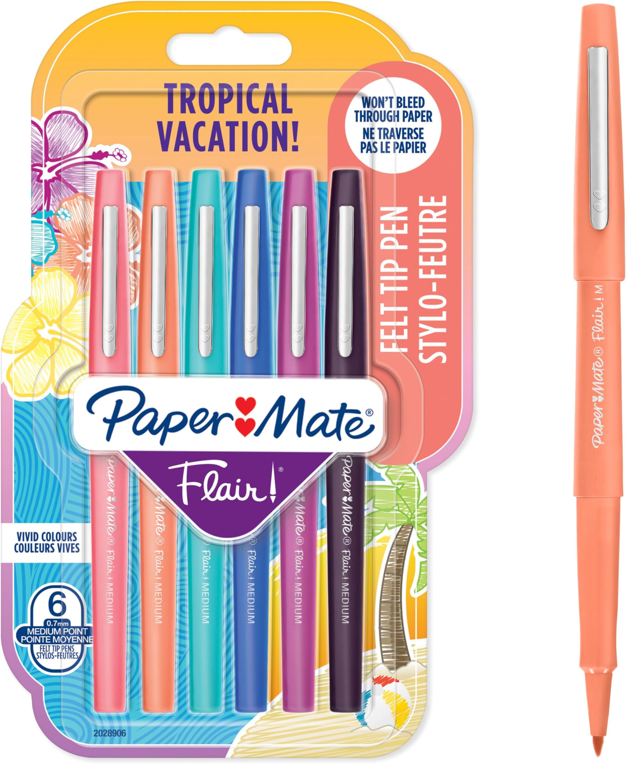 Paper Mate Flair Felt Tip Pens | Medium Point (0.7 mm) Marker Pens | Assorted Tropical Vacation Colouring Pens | For Kids & Adult Colouring, Journalling & More | 6 Count