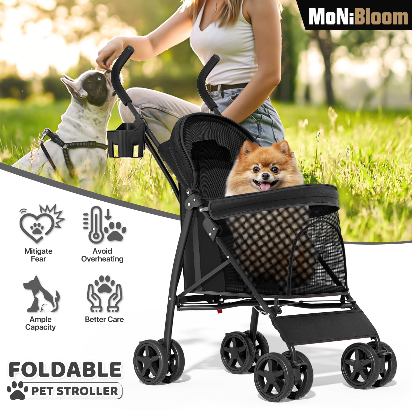 MoNiBloom 4 Wheels Pet Stroller, Easy-Fold Puppy Cage Jogger Stroller with Sun Cover, Pad and Rear Storage Bag, Breathable and Visible Mesh for Small/Medium Pets up to 22 lbs, Black - image 2