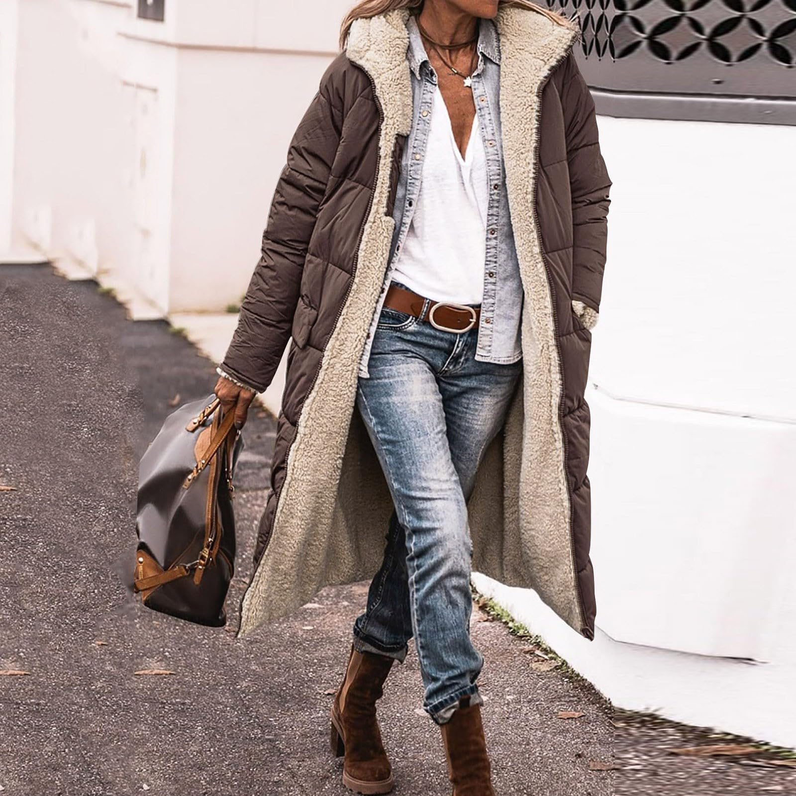 Generisch Cappotto invernale da donna, lungo, invernale, elegante, con imbottitura calda, con tasche, alla moda, con cerniera, piumino con cappuccio