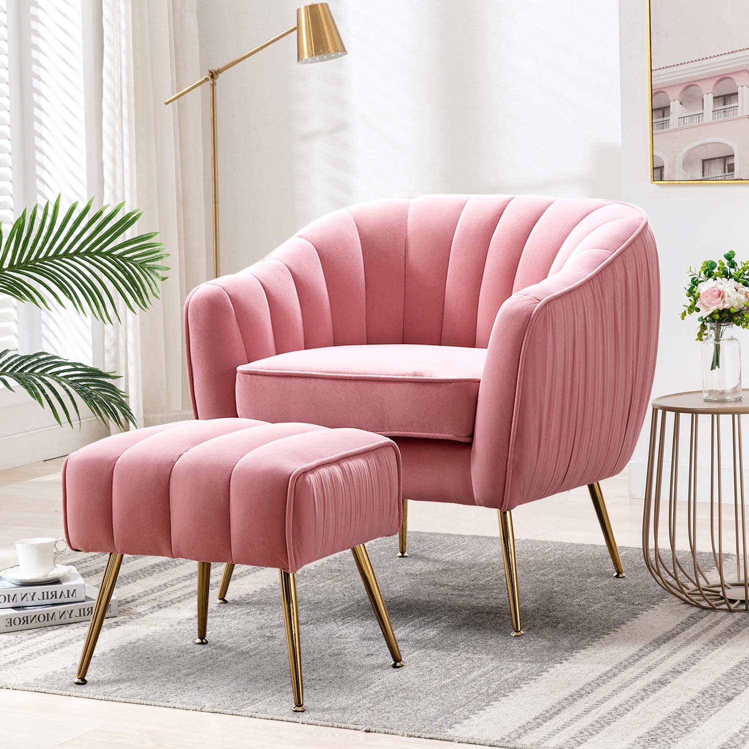 Altrobene Velvet Accent Chair with Ottoman, Modern Barrel Chair Ottoman