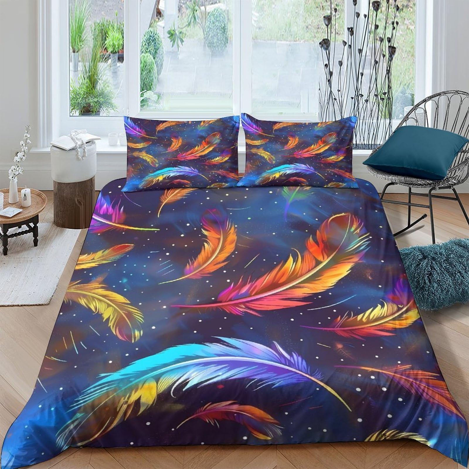 Ctjqhvkz Style-2 3D Printed Colorful Feather Fitted Sheet Microfiber Soft Breathable Cosmic Night Mattress Cover For Bedroom Dorm Decor Single（135X200cm）